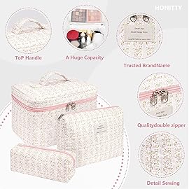 honitty Makeup Bag,Quilted Cosmetic Bags,Large Floral Make Up Organize bag,Makeup Bag Set for Women,Flower Travel Toiletry Bag