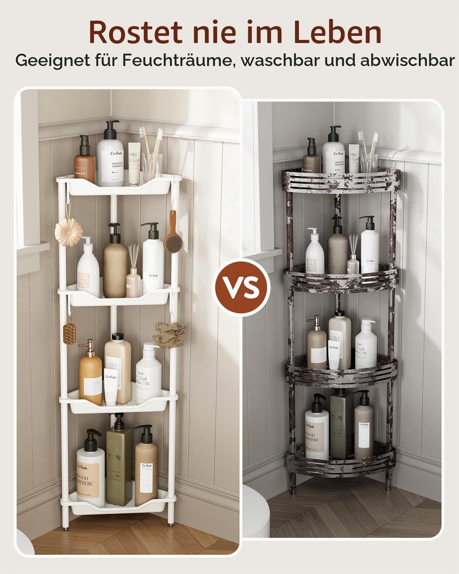 Orimade 4 Stück Duschregal Stehend Rostfrei,Ecke Duschablage Freistehende, Duschablage ohne Bohren für Badezimmer Weiß