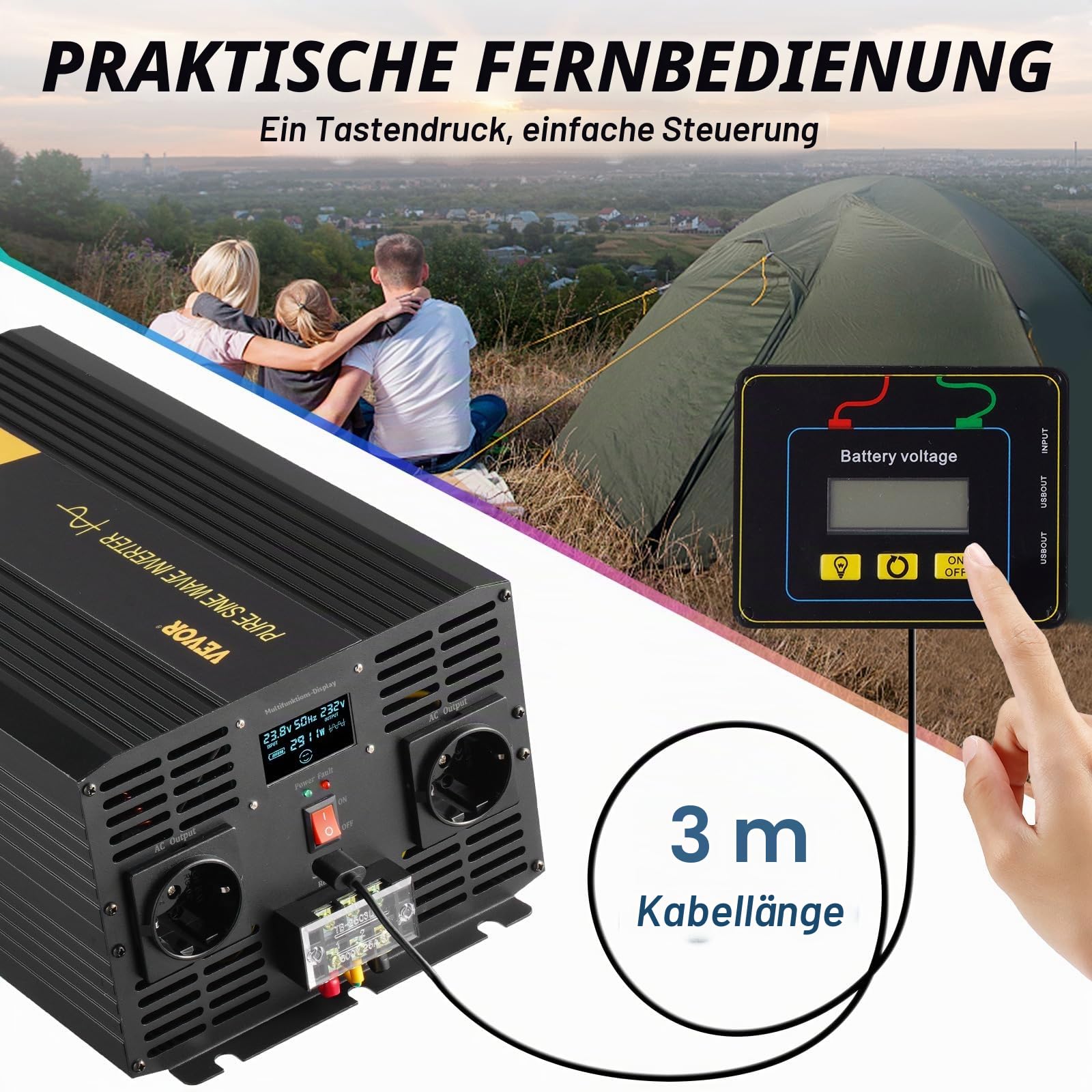 VEVOR Wechselrichter Reiner Sinuswelle 3 kW DC 24 V auf AC 230 V Spannungswandler mit USB-Anschluss LCD-Display Fernbedienung und EU-Steckdosen für Wohnmobil LKW Auto Solaranlage Reisen Camping