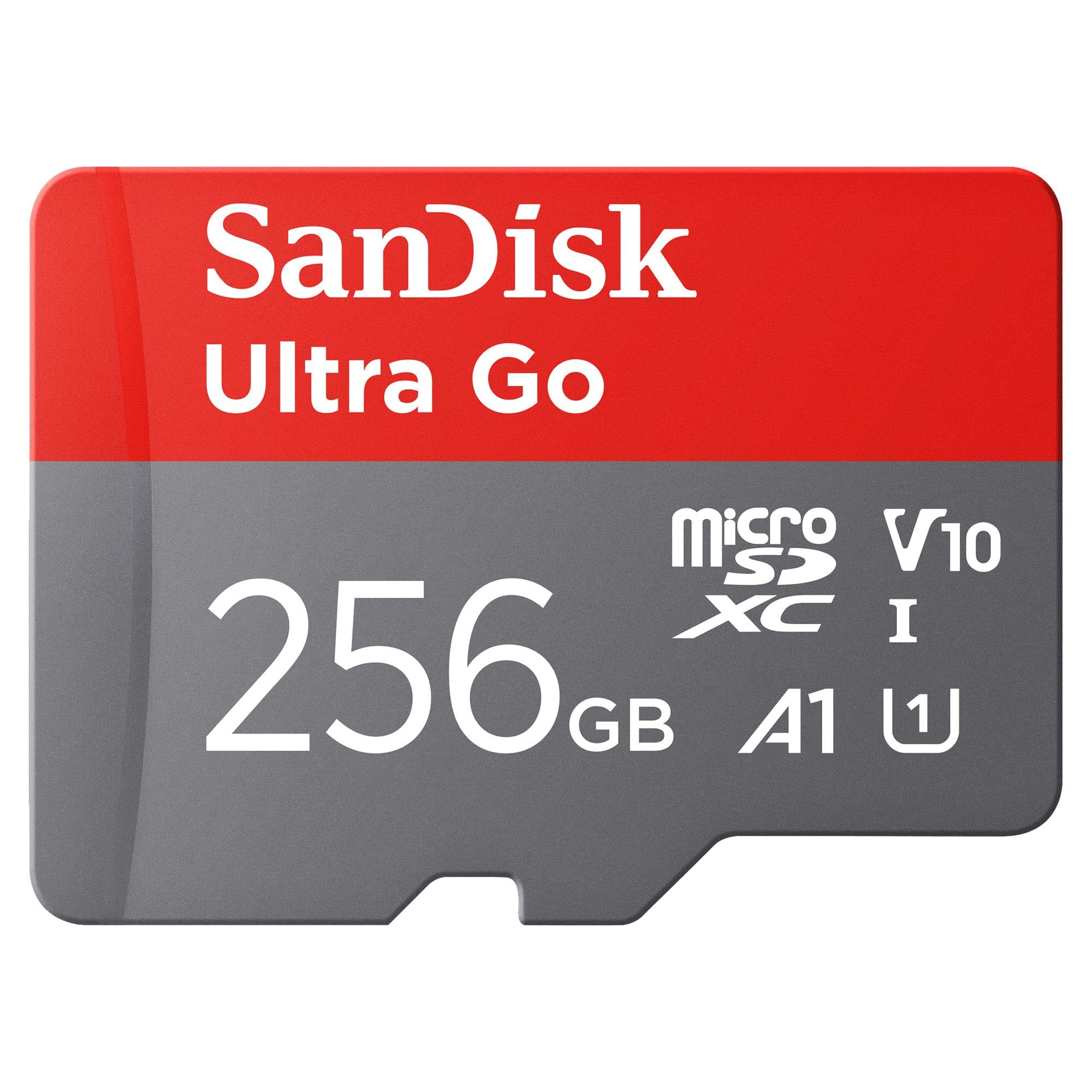 SanDisk Ultra Go micro SDXC card + SD adapter 256GB (For Android Smartphones and Tablets, Memory card up to 150 MB/s, Full HD Video, V10, A1 Faster App Performance, UHS-I, Class 10, U1) For Amazon