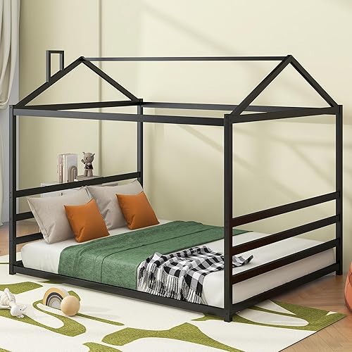 Miniatura 128 de Cama de metal de tamaño individual con valla para niños, adolescentes, niñas, niños, cama de piso de casa, camas Montessori, se puede decorar marco
