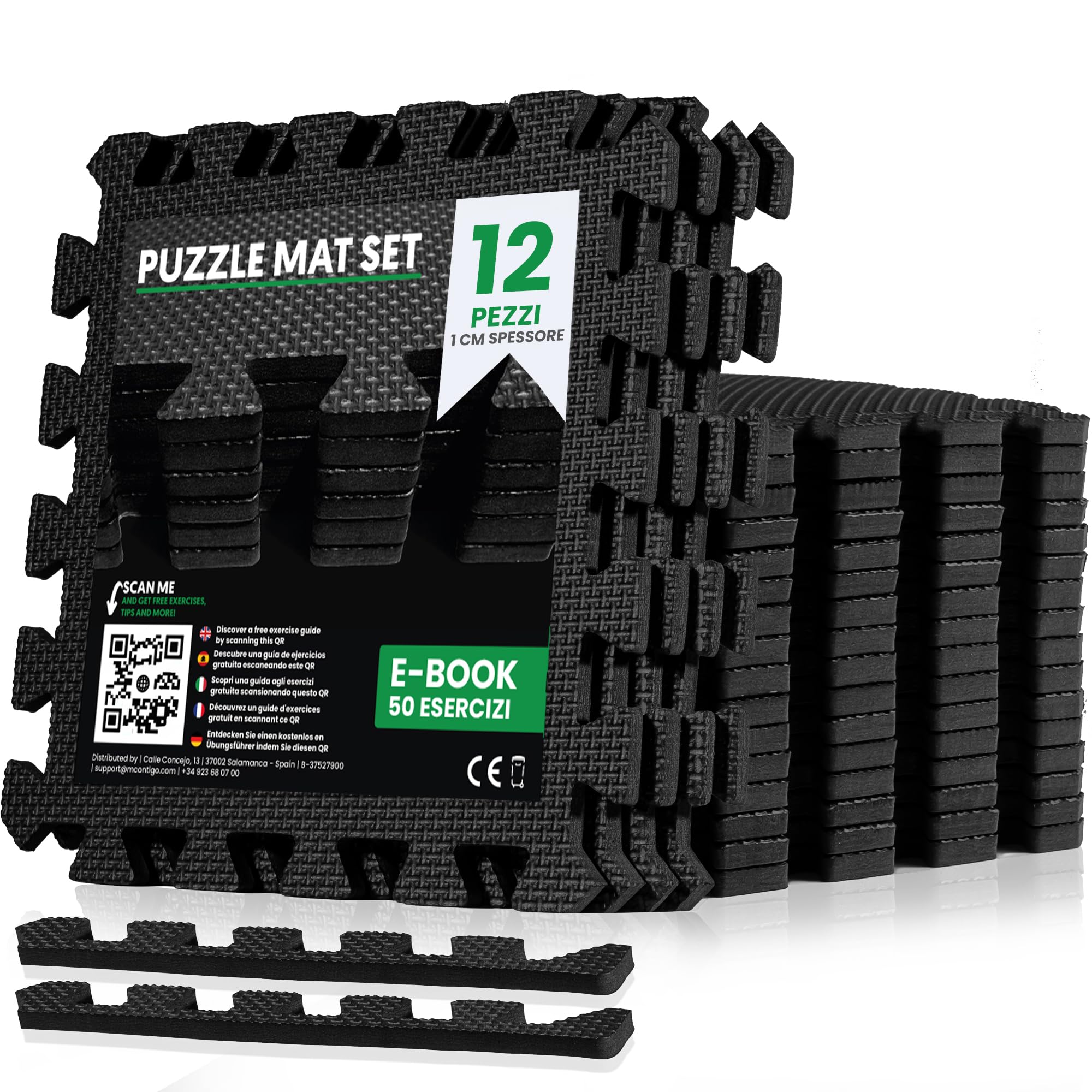 unycos - Tappeto da Fitness a Puzzle【12 Tappetini】Tatami Antiscivolo, Pavimento Protettivo Incastro Palestra in Schiuma EVA, Materassino per Home Gym | Include E-Book, 30x30x1 cm (Nero)