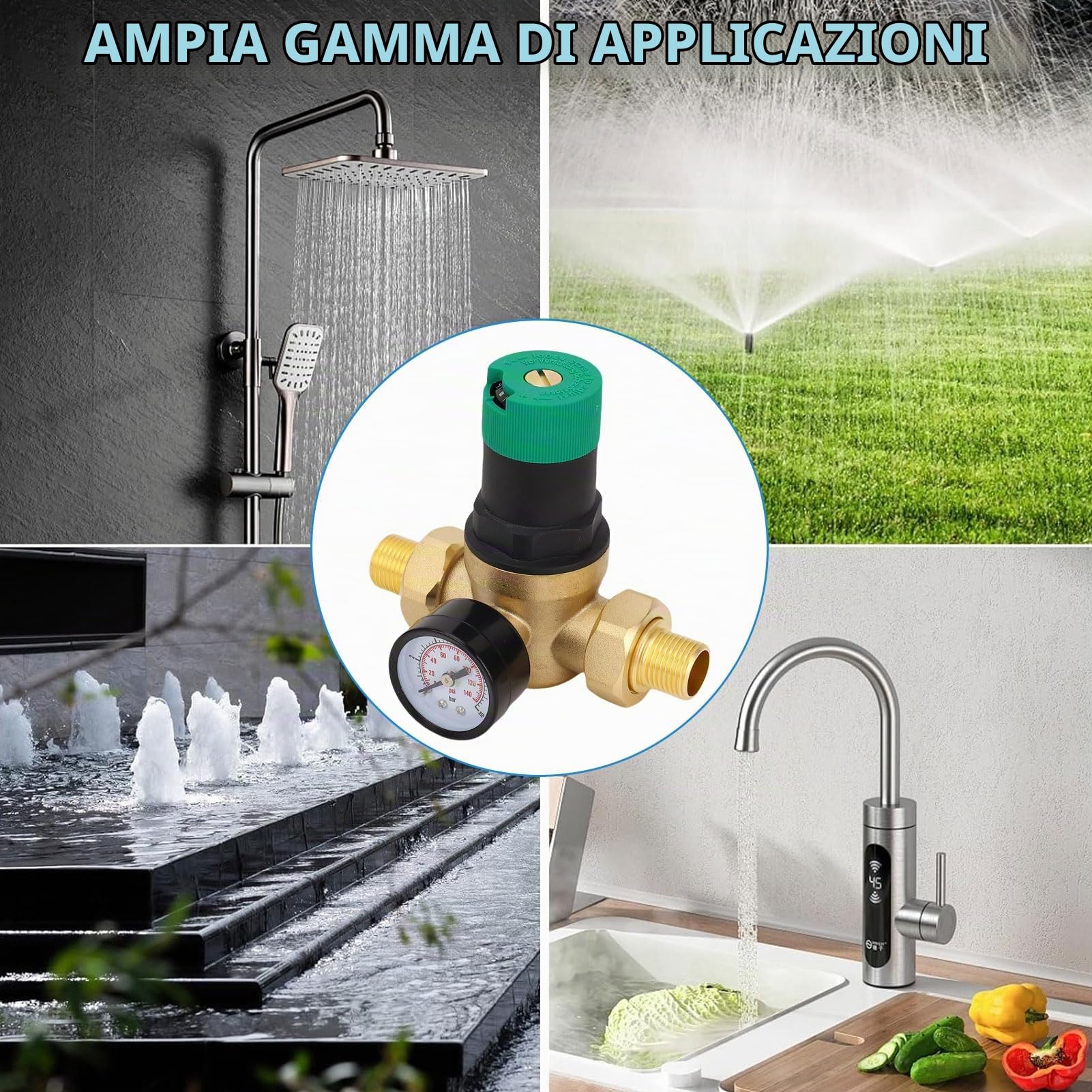 Riduttore Di Pressione Acqua, 1/2 Pollici DN15 Regolatore Di Pressione Acqua Con Manometro, Valvola Di Riduzione Della Pressione Dell'Acqua Ottone Riduttore Pressione Acqua