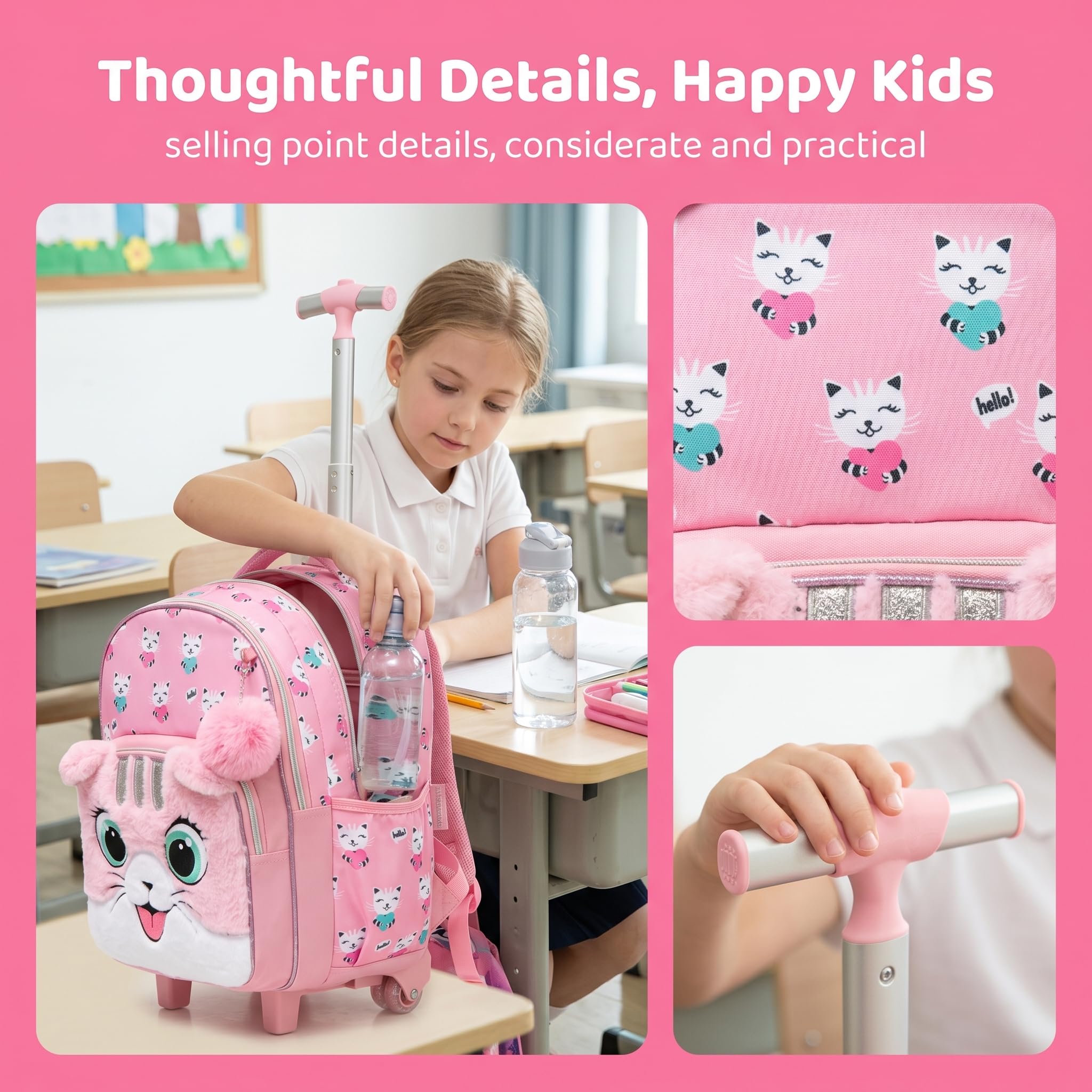 Sac a Dos Roulette Fille Enfant Cartable Cabine Primaire Valise École Maternelle Sacs à D'école pour Voyage de Bagages Ensemble Grand Étudian Simple Poches Tissu Peluche Rose Chat