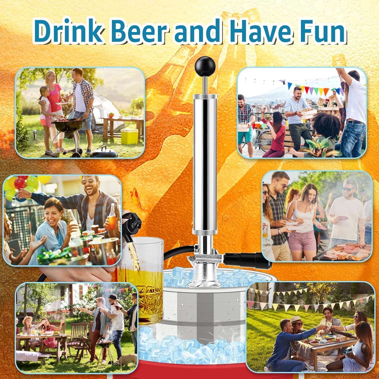 8" Beer Party Pump Keg Tap for US Sankey Keg, American D-System Keg Pump Chrome-Plated Beer Tap Dispenser for Picnic with Beer Line Faucet Parts