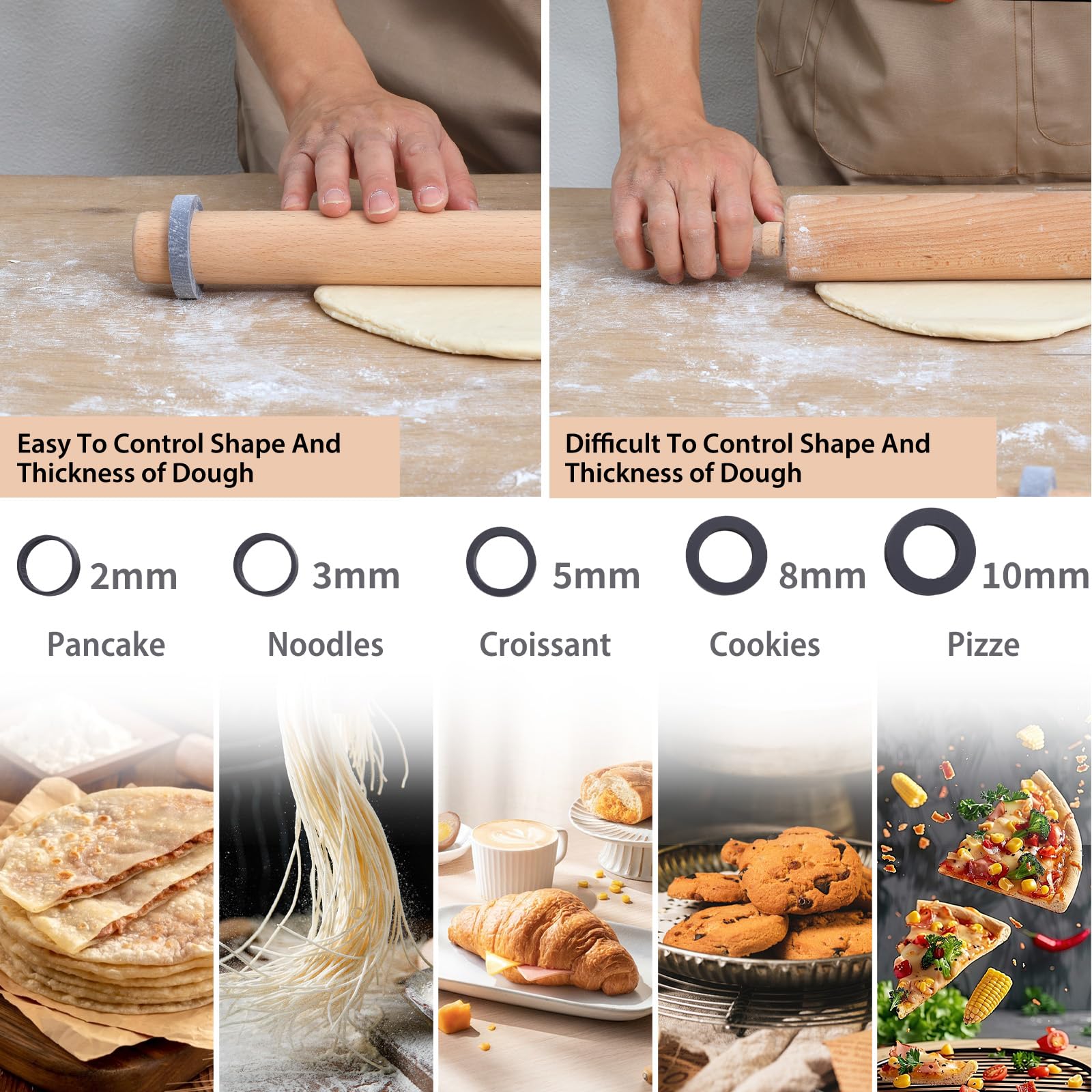 SUPER KITCHEN Mattarello in Legno Con 5 Dischi Regolabili Anello e Antiaderente Tappetino da Forno 60x40cm, Stuoia di Rolling della Pasticceria del Silicone, Spianatoia per Impastare (Grigio)