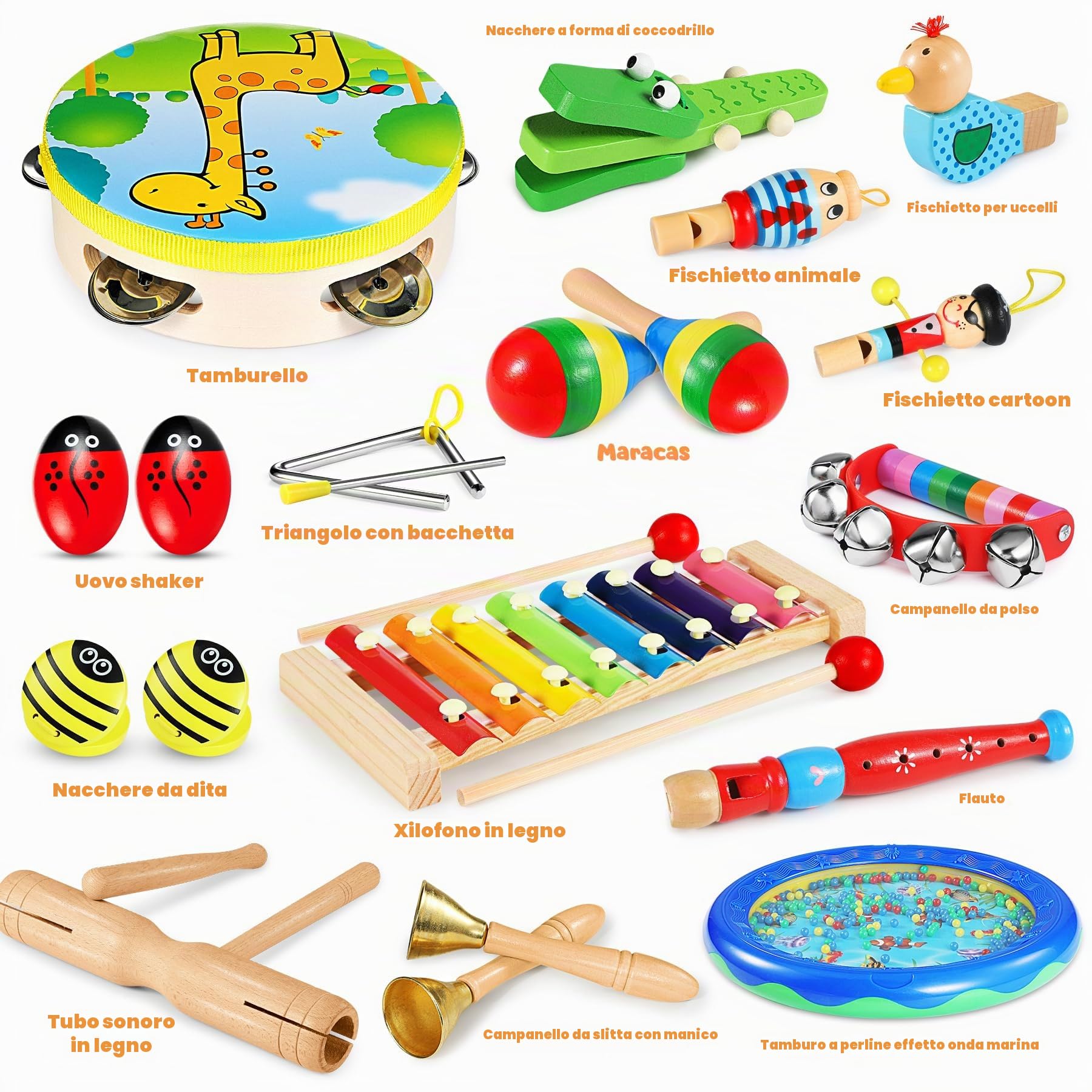 Strumenti Musicali, 24 Pezzi Percussioni con Borsa, Tamburo Perline Oceaniche, Compleanni Musicali, Creativi ed Educativi e Regali di Natale per Bambini 3+