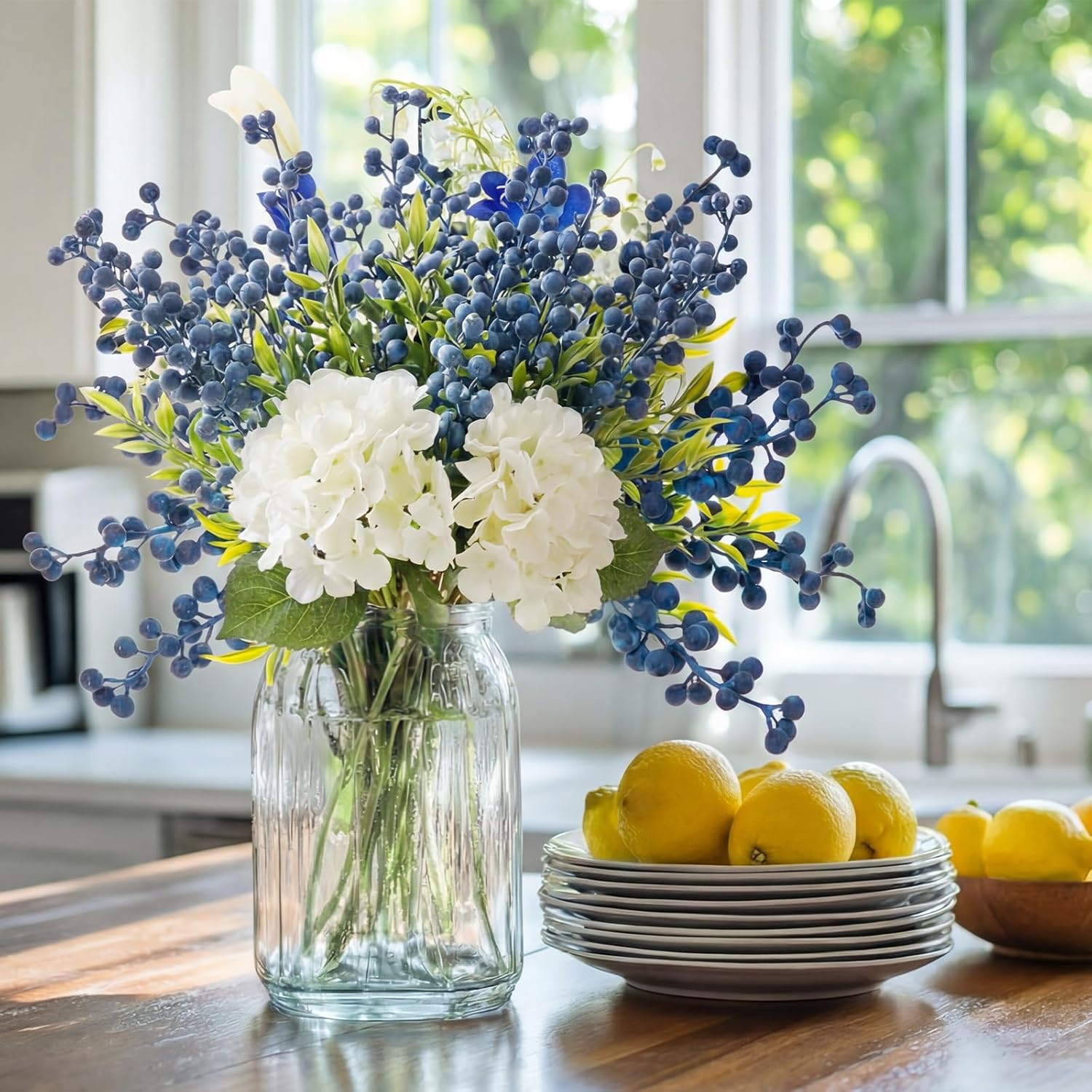 Giegxin 45 Pack Artificial Blue Berry Stems Fake Blueberries Picks, Artificial Flowers Decorative Stickers, Faux Blueberry Accessories for Party Wedding Decoration Home (13.7 Inch)