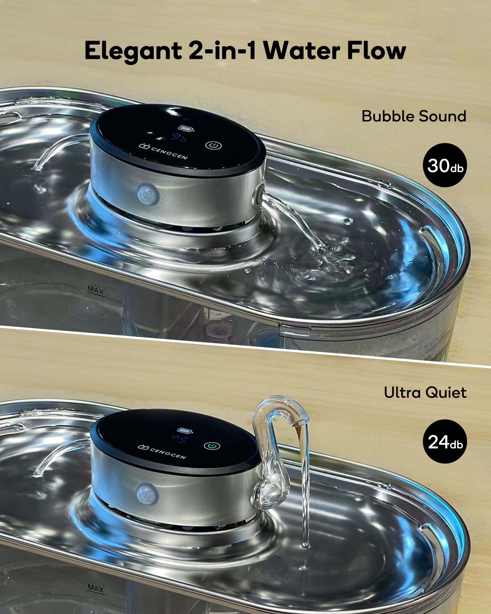 Cat Water Fountain Cordless, 108oz/3.2L Cengcen Wireless Pet Water Fountains Battery Operated 5000mAh, Chew-Proof Charging Cable with Adapter, Stainless Steel Transparent, Premium Edition - image 8
