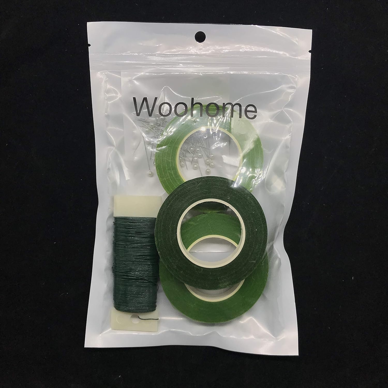 Woohome Floral Arrangement Tool Kit 3 Roll of 1/2 Inch Floral Tapes, 1 Roll of 22 Gauge Floral Paddle Wire and 100 PCS Ball Head Pins for Wedding Bouquet DIY