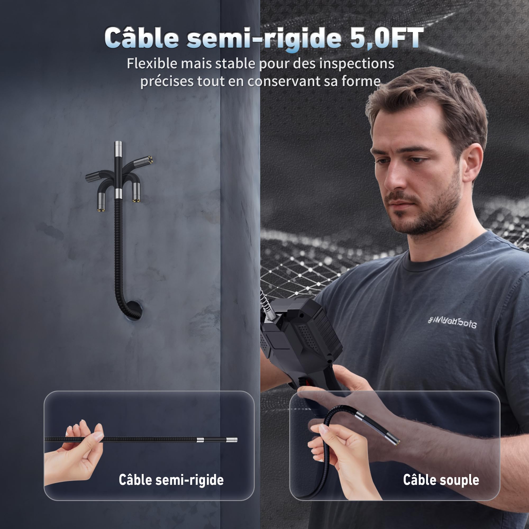 Ralcam Caméra Endoscopique avec Lumière, Endoscope 360°, Écran 5" HD, 1280×720, IP67, Caméra Inspection Canalisation Voiture (6,2 mm Sonde/ 1,5M Semi-Rigide)