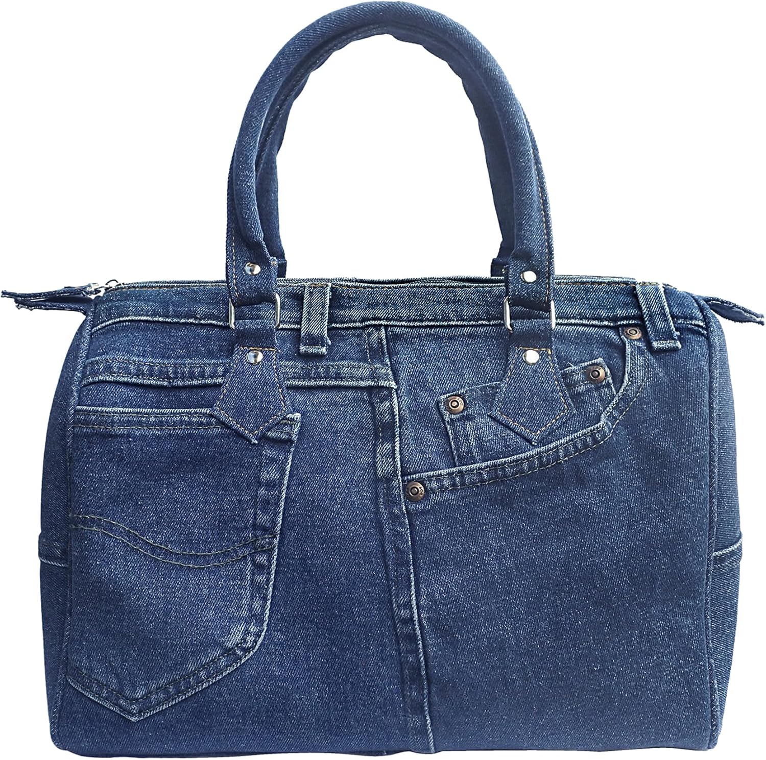 Upcycling Blue Denim Jeans Large Doctor Style Double Top Handle Convertible Shoulder Handbag Purse BNL100 (Dark Shade)
