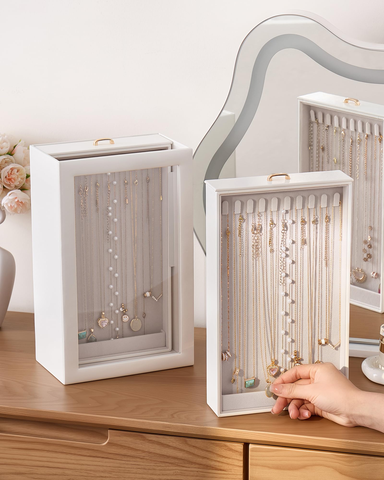 Lolalet Rangement Colliers Vertical Double Face, Boîte à Colliers avec Fenêtre Transparente, Présentoir à Bijoux Grande Capacité -2 Niveaux, Blanc