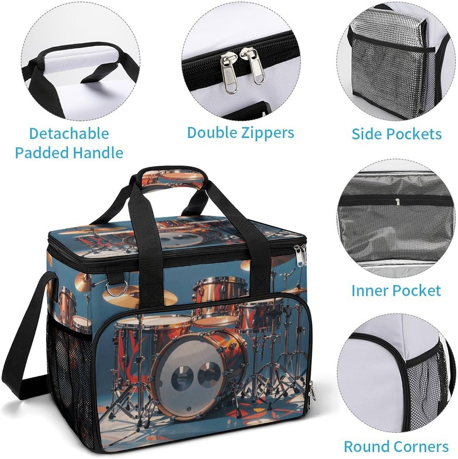 Insulated Picnic Backpack Tote Bag, Large Capacity 30L Cool Drum Set Cooler Bag Leakproof Beach Bags Portable Lunch Box Waterproof Picnic Basket for Beach Camping BBQ