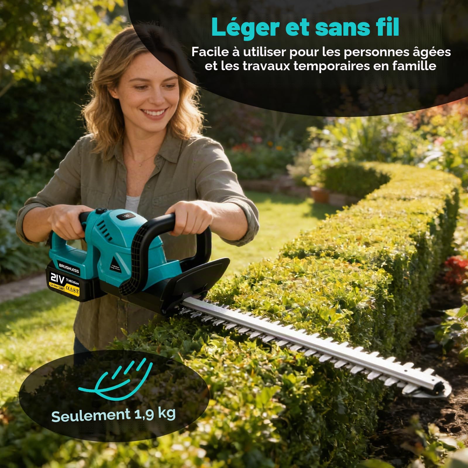 52CM Taille-Haies sans Fil, Moteur sans Balais, Taille Haie Batterie avec 2 Batteries 4,0 Ah, SK5-lame Double Action, diamètre de Coupe 17 mm, PoignéE Pivotante à 180°, pour Haies, Arbres