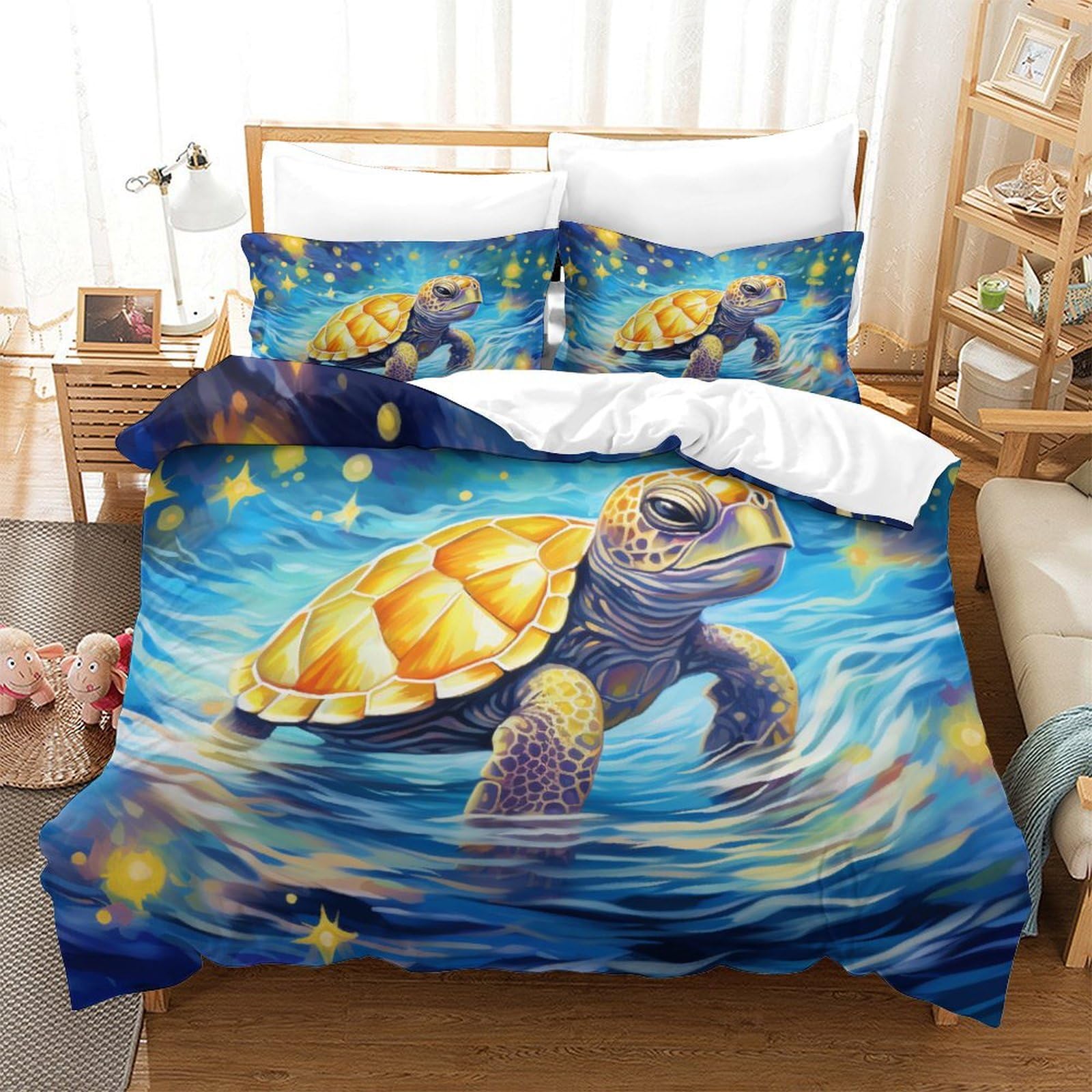 Parure de lit tortue 3D pour une ambiance de chambre côtière et apaisante