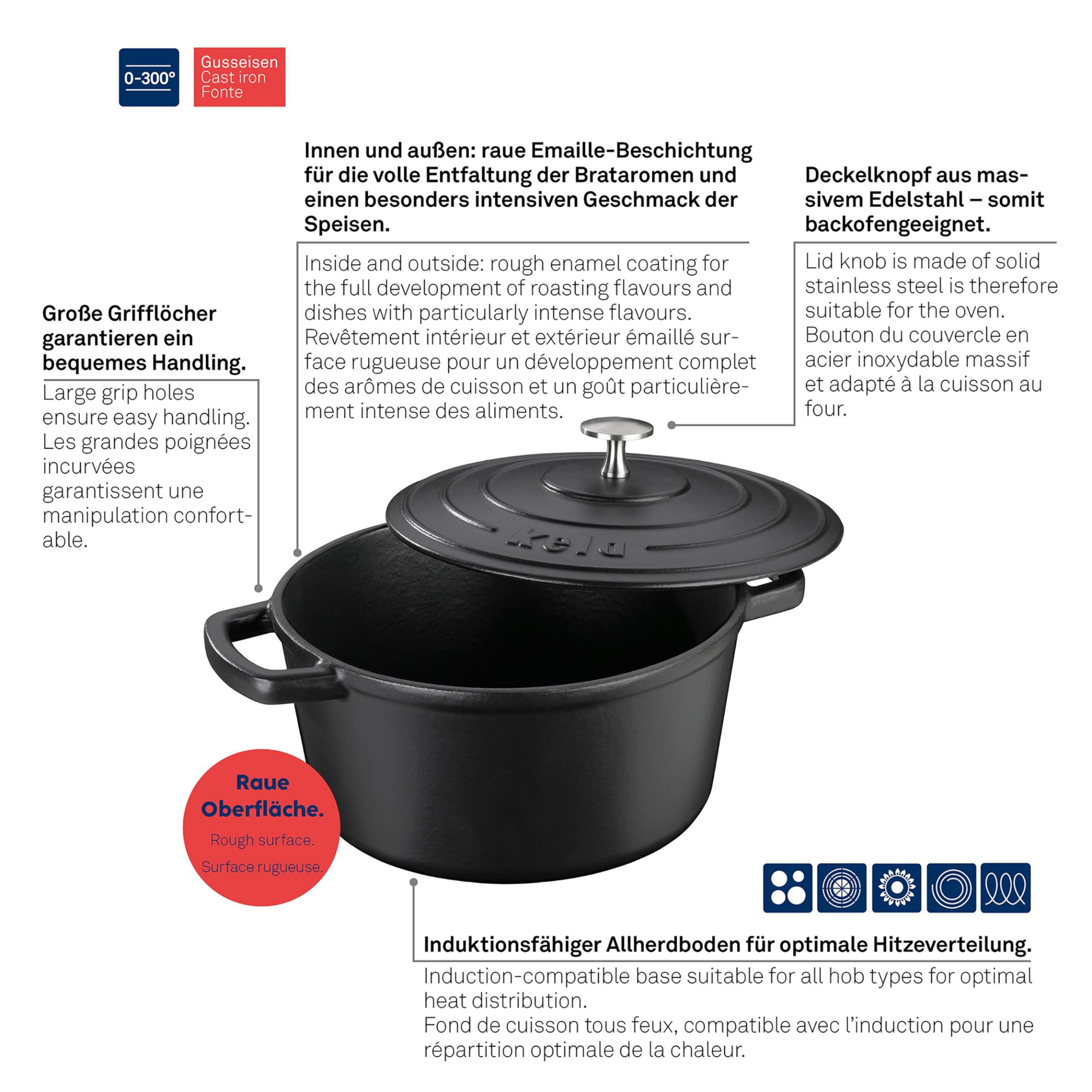 kela Bräter Gusseisen rund 3,8 Liter, Dutch Oven CALIDO, Induktion Gussbräter mit Deckel, Gusseisen Topf Brot backen, emailliert, schwarz