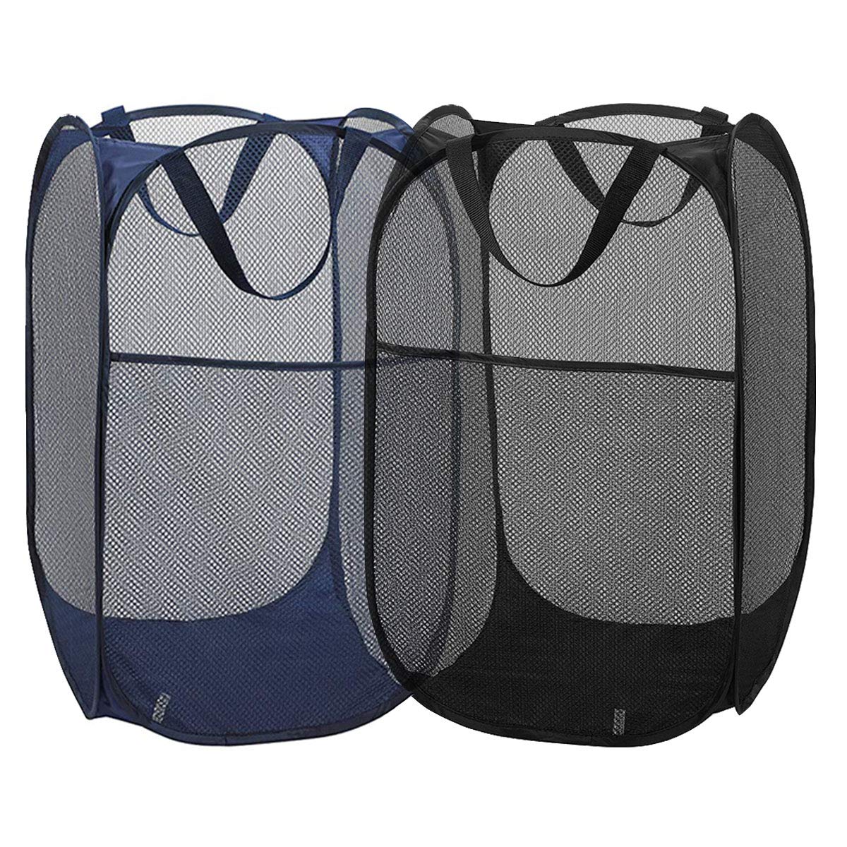 2 Packs Mesh Pop up Laundry Hamper (Black/Navy Blue) with Portable Durable Handles, Collapsible for Storage, Folding Pop-Up Clothes Hampers for Apartment, Home, College Dorm or Travel