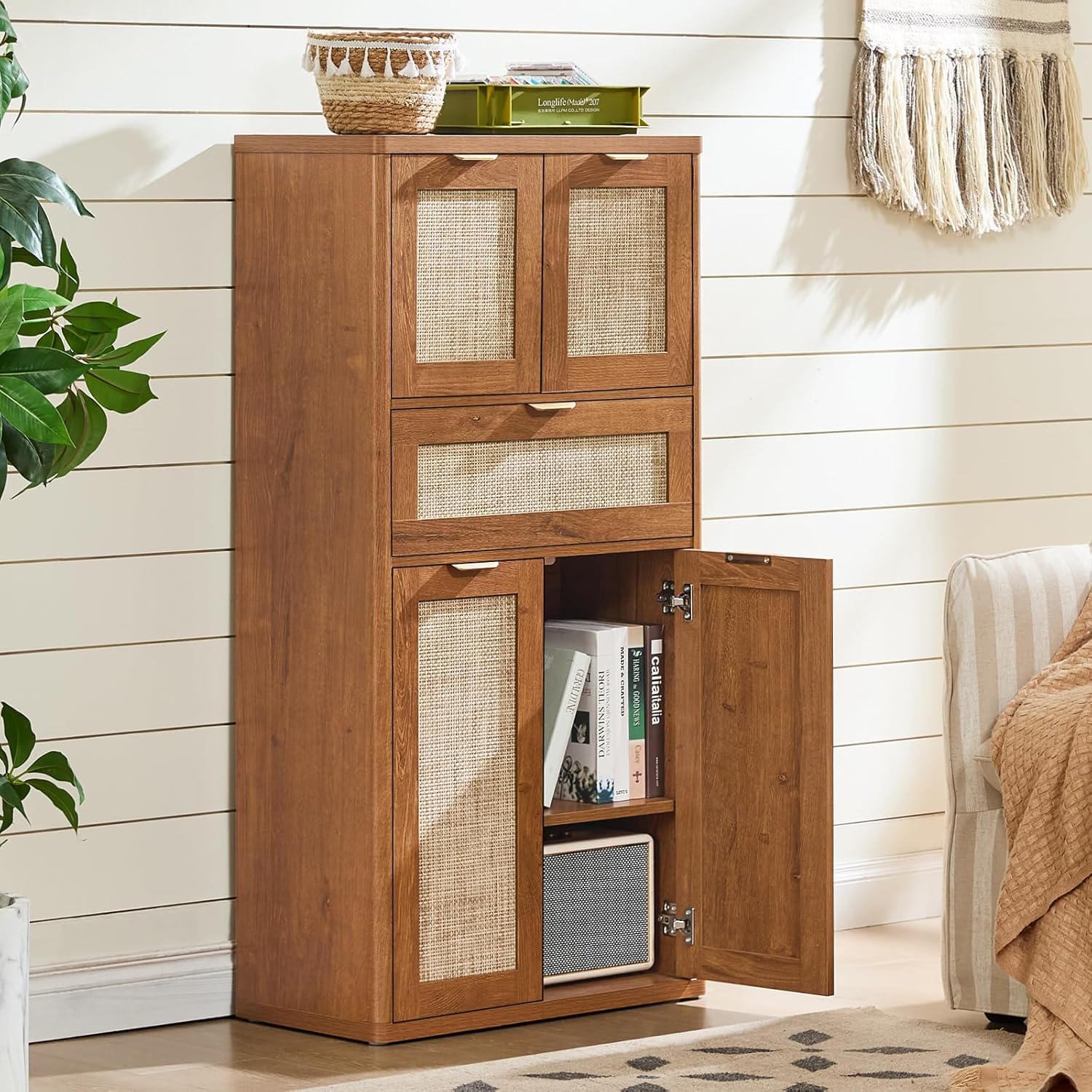48" Tall Storage Cabinet,Rattan Bathroom Floor Cabinets with 4 Doors & 1Drawer,Boho Kitchen Pantry with Adjustable Shelves,Wooden Cupboard for Living Room,Home Office,Dining,Brown