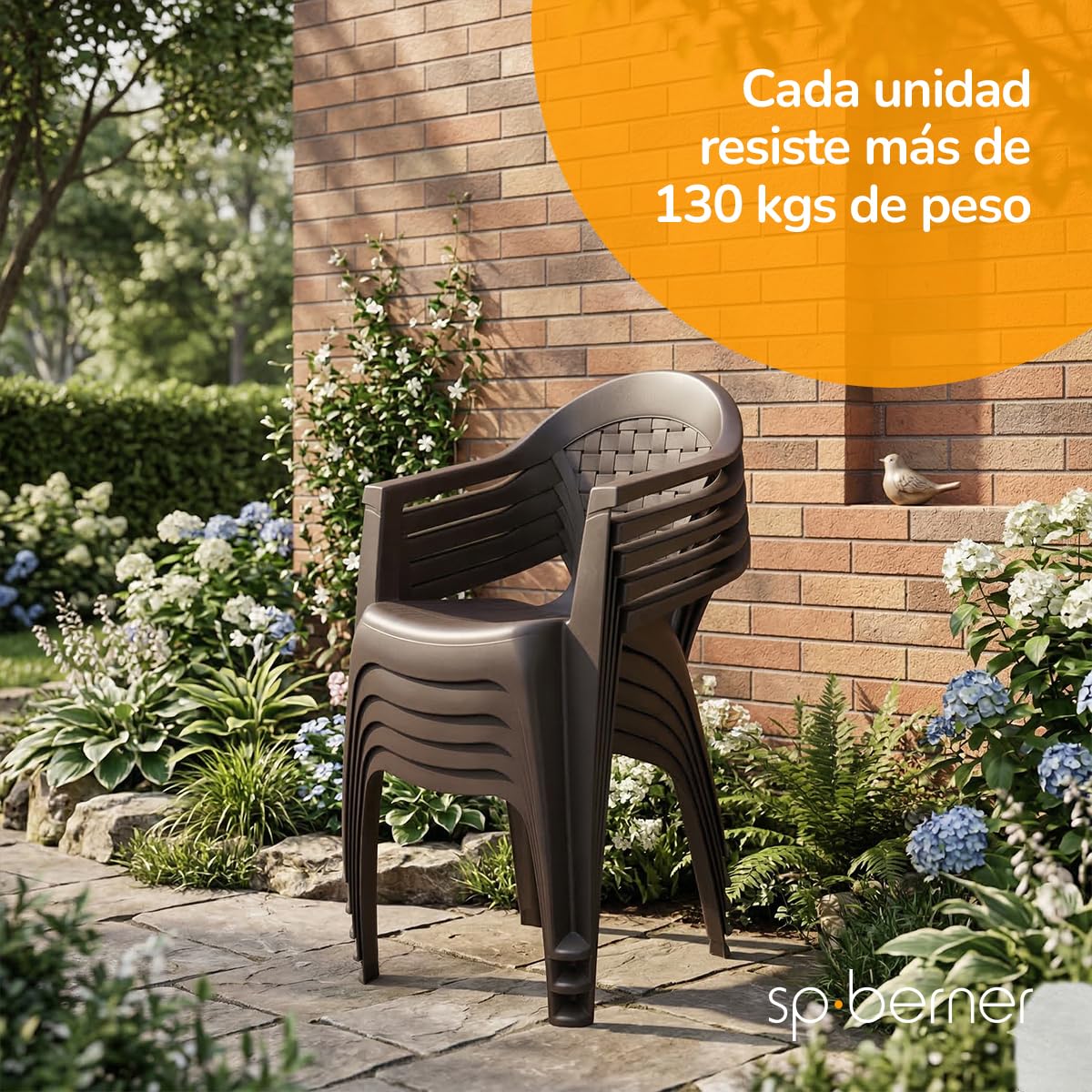 SP Berner SHAF - Pack 6 Sillas de Jardín Apilables - Exterior Terraza, Balcones y Cualquier Zona de Ocio - Plástico Reciclado Resistente UV - Fabricadas en España - Modelo Dream - Wengué
