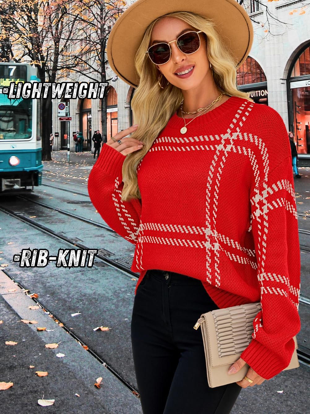 Checkered Pullover Sweaters, Crew Neck Long Sleeve, Fall Clothing, Lightweight Sweater for Women Striped Plaid - Image 2