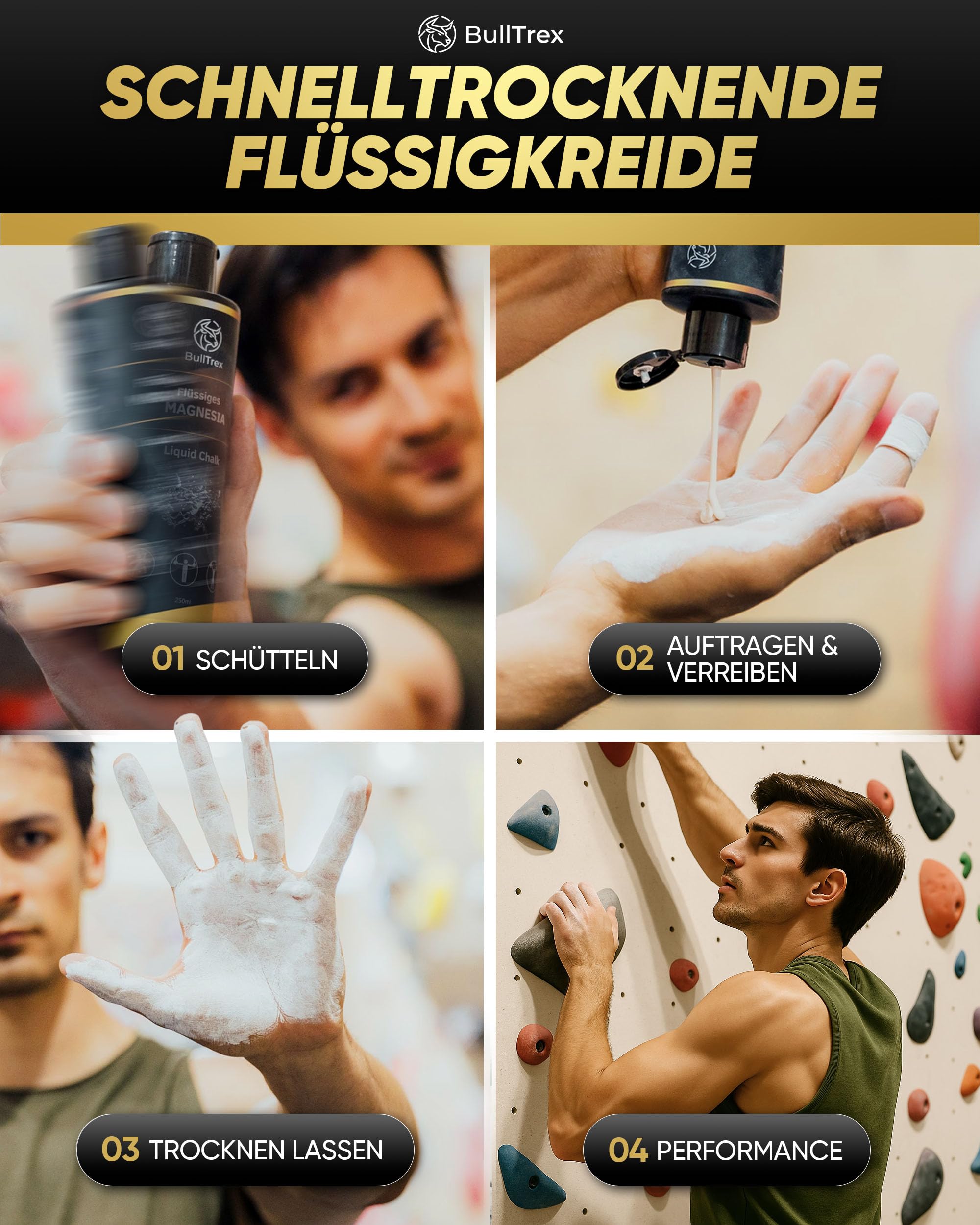 Liquid Chalk 250ml - Extra Starke Flüssigkreide für maximalen Grip beim Bouldern, Klettern, Krafttraining, Calisthenics & Pole Dance, Schnell Trocknend, Staubfrei & Langanhaltend