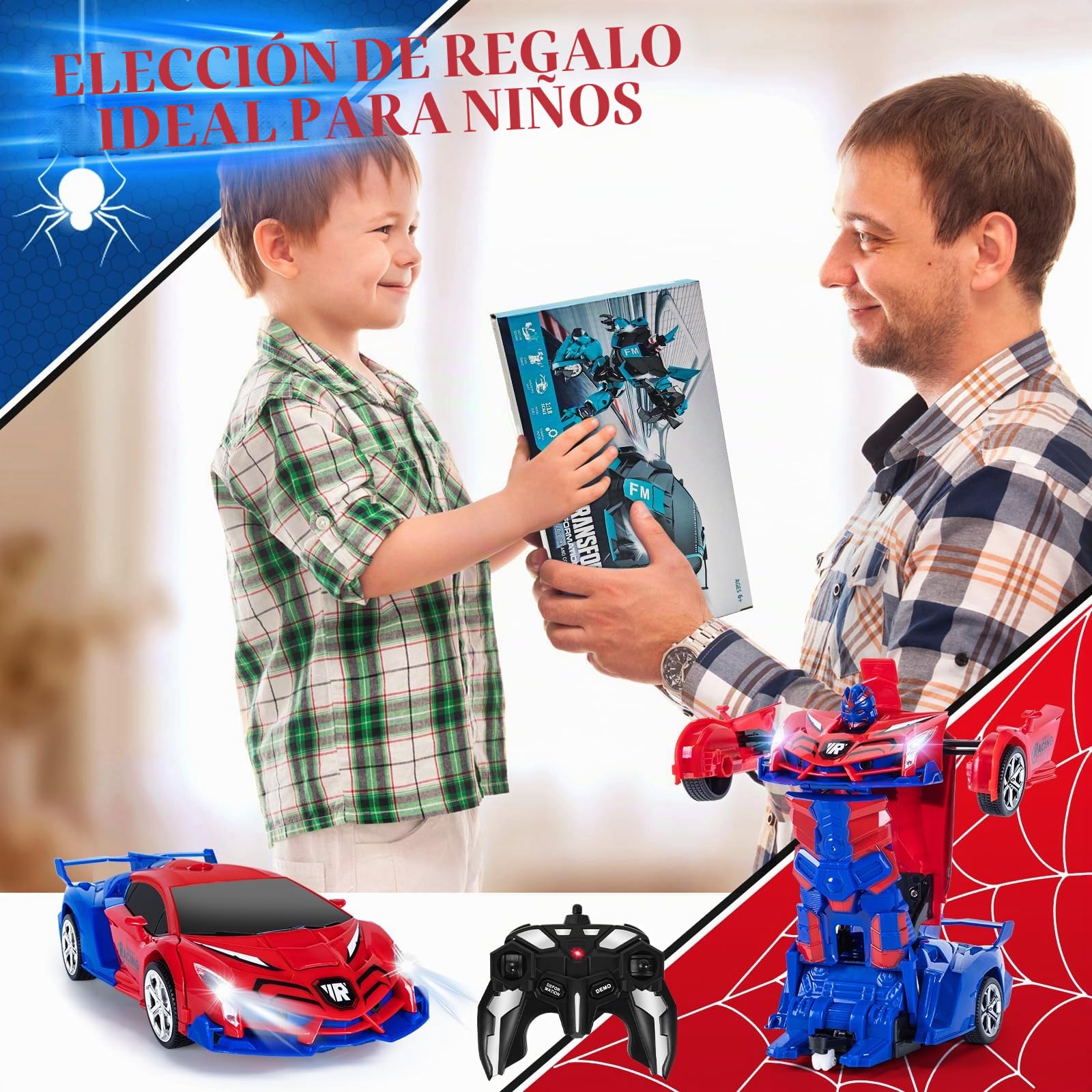 Spider Coche RC Transformator Robot, 2.4GHz Sensor Gestual, 1:18 con Sonido y Luz, Juegos para Niños y Niñas de 3 a 12 Años