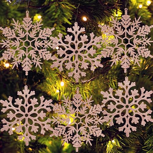 6 adornos grandes de copos de nieve de oro rosa de 12 pulgadas, copos de nieve grandes de plástico con purpurina para invierno, interiores y