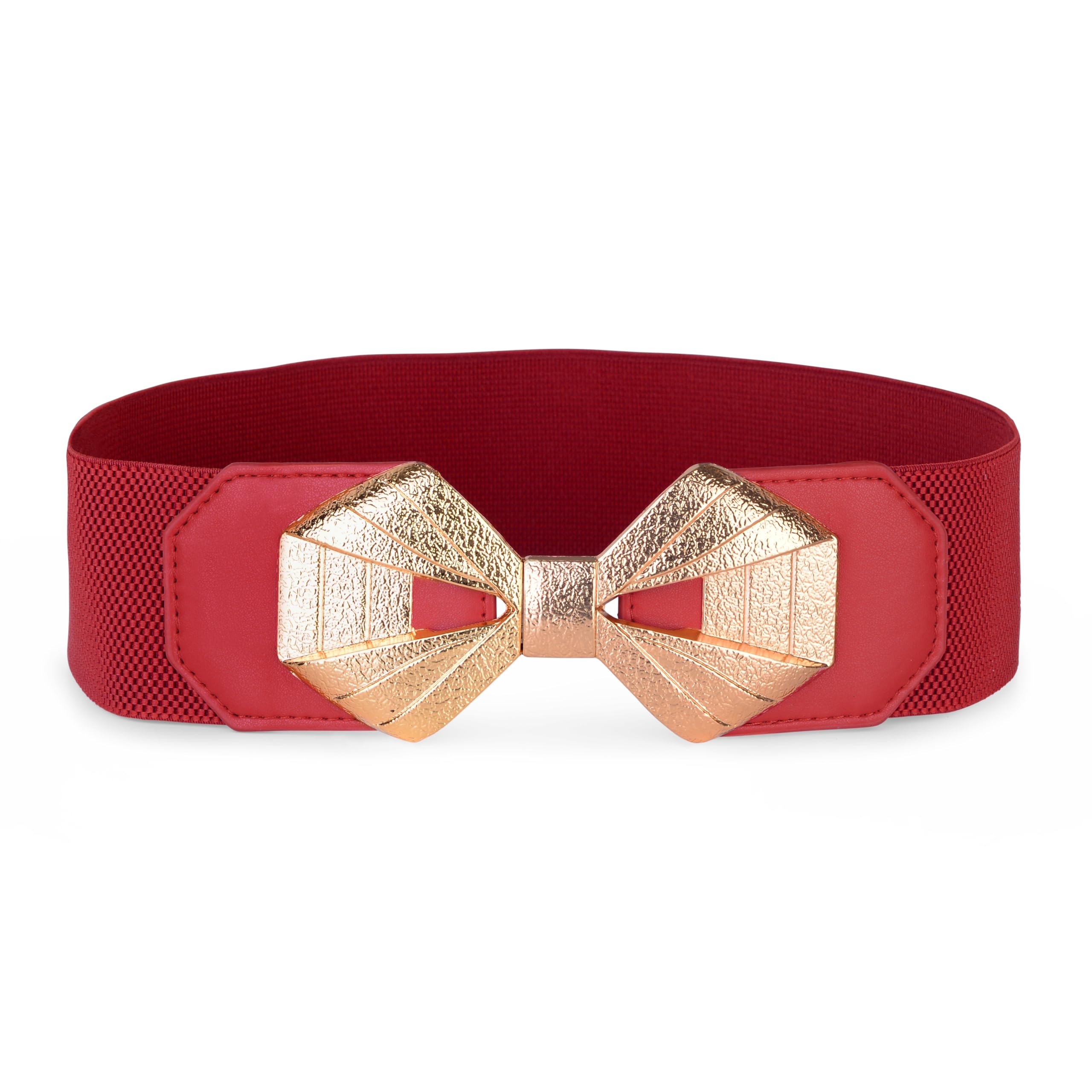 BlackButterfly Wide Elastic Cinch Stretch Waistband Retro Gold Bow Buckle Waist Belt (Red, S)