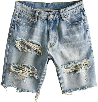 Mens Street Style Jean Shorts Fashion Ripped Knee Lenght Half Jeans Distressed Classic Fit Frayed Short Jean Pants