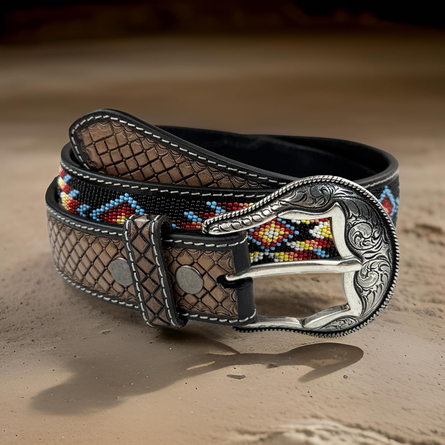 Western Belt for Men Women Full Grain Beaded Leather Cowboy Belt 1.5” Wide With Buckle Handmade Engraved Tooled