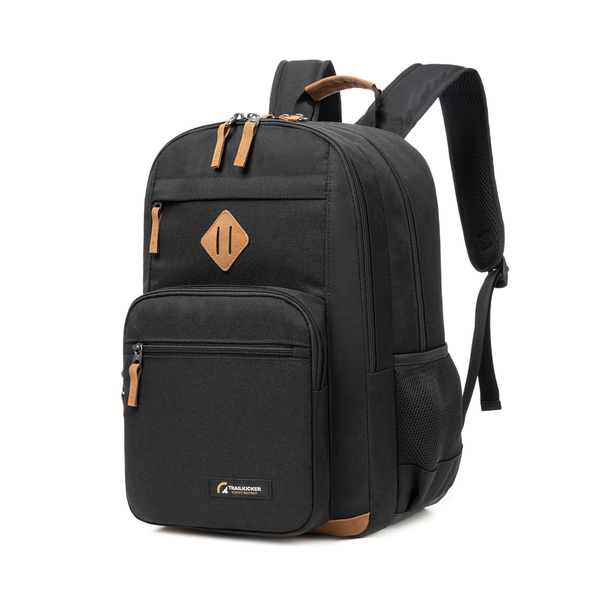 TRAILKICKER Black Backpack for Men, 17 Inch Laptop Bookbag, Multi Pocket School Bag, College Travel Daypack with Side Pockets