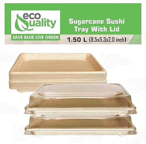 Miniatura 5 de Bandejas de sushi compostables extragrandes con tapas, contenedor de sushi natural de caña de azúcar, biodegradable, plato de sushi desechable con