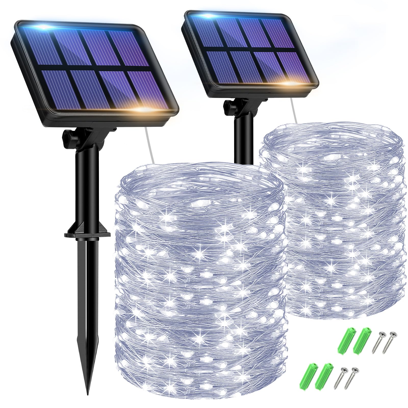 btfarm 2 Pezzi Luci da Esterno Giardino Solari, 15M 150LED Catena Luminosa Esterno Solare, 8 Modalità Impermeabili Filo di Rame Led Lucine Esterno Energia Solare Per Albero Natale, Bianco Freddo
