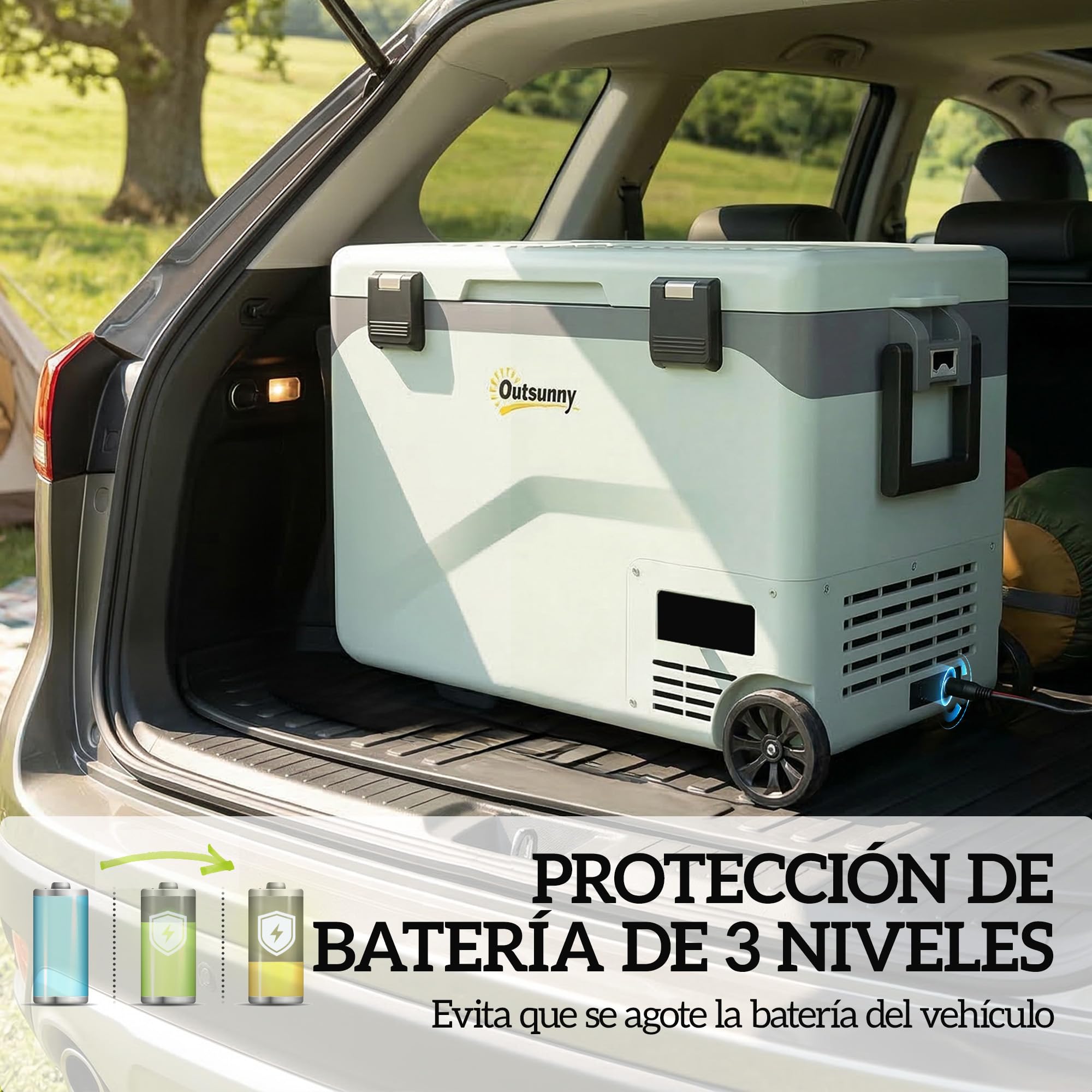 Outsunny Nevera Portátil Eléctrica 42,5L 12/24/240V Refrigerador de Coche con Compresor Control por App Bluetooth Luz LED Pantalla Modos ECO y MAX -20℃ a +20 ℃ Asa Barra Soporte Móvil Ruedas para Casa