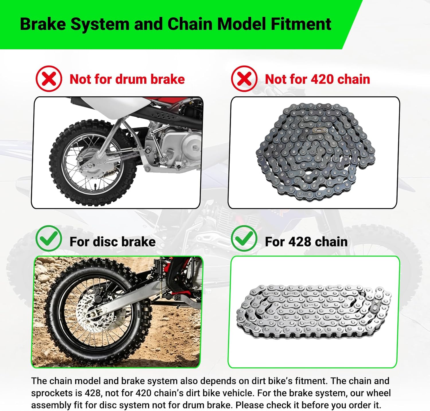 16'' Wheel 90/100-16 3.00-16 Dirt Bike Rear Tire Assembly for 125cc 140cc 150cc KLX140G MX100 105XC 105SX Pit Bike Parts with Brake Rotor 428 Chain Sprocket