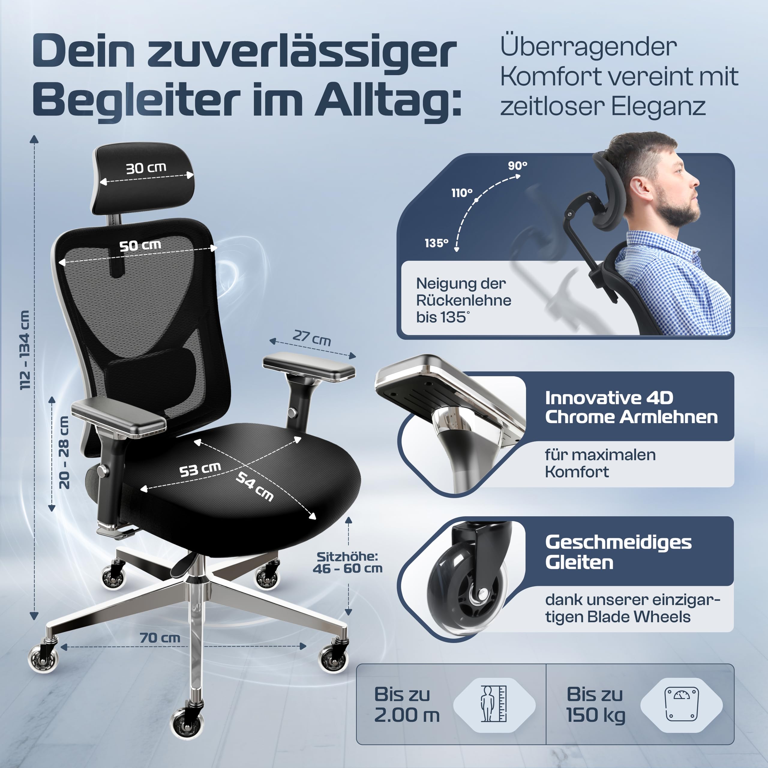 CLOUVOU CleverSeat Bürostuhl Ergonomisch TESTSIEGER Schreibtischstuhl Drehstuhl 150 kg