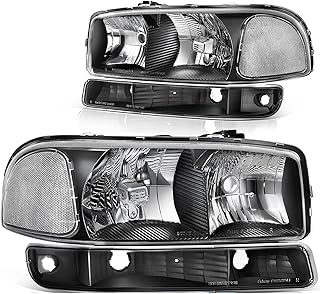 APSVE Headlight Assembly For 99-07 GMC Sierra 1500, 99-04 Sierra 2500, 01-07 Sierra 1500HD 2500HD 3500HD, 99-06 Yukon, 00-06 Yukon XL 1500 2500 Headlights w/Bumper Signal Lamps, Black