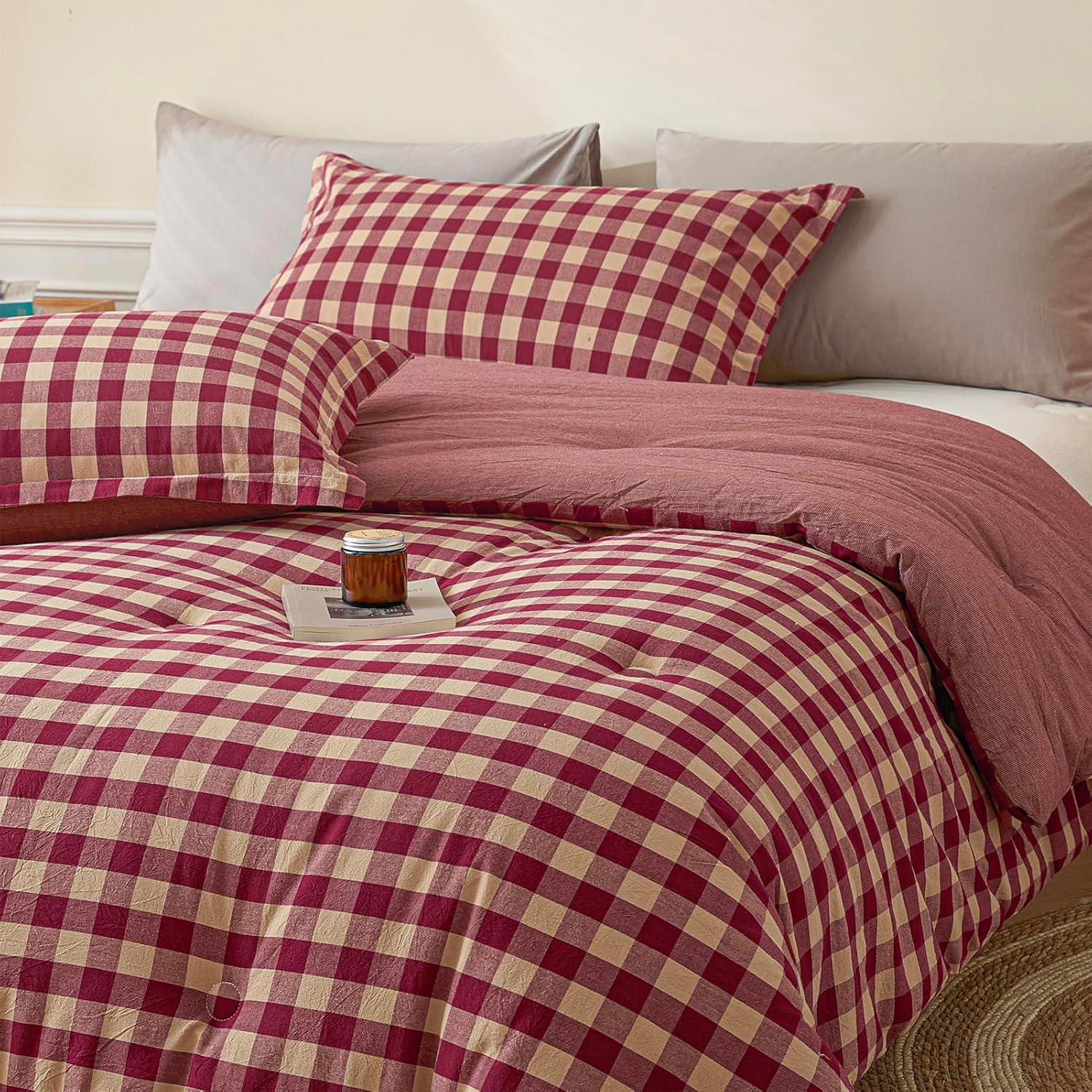 Cyusri Cotton Plaid Twin Comforter Set - Soft Lightweight Bedding 2 Pieces Dyed Bed Set with 1 Pillow Shams,Reversible All Season Farmhouse Down Alternative(Twin Size 68"x90" Retro Red) - Image 7