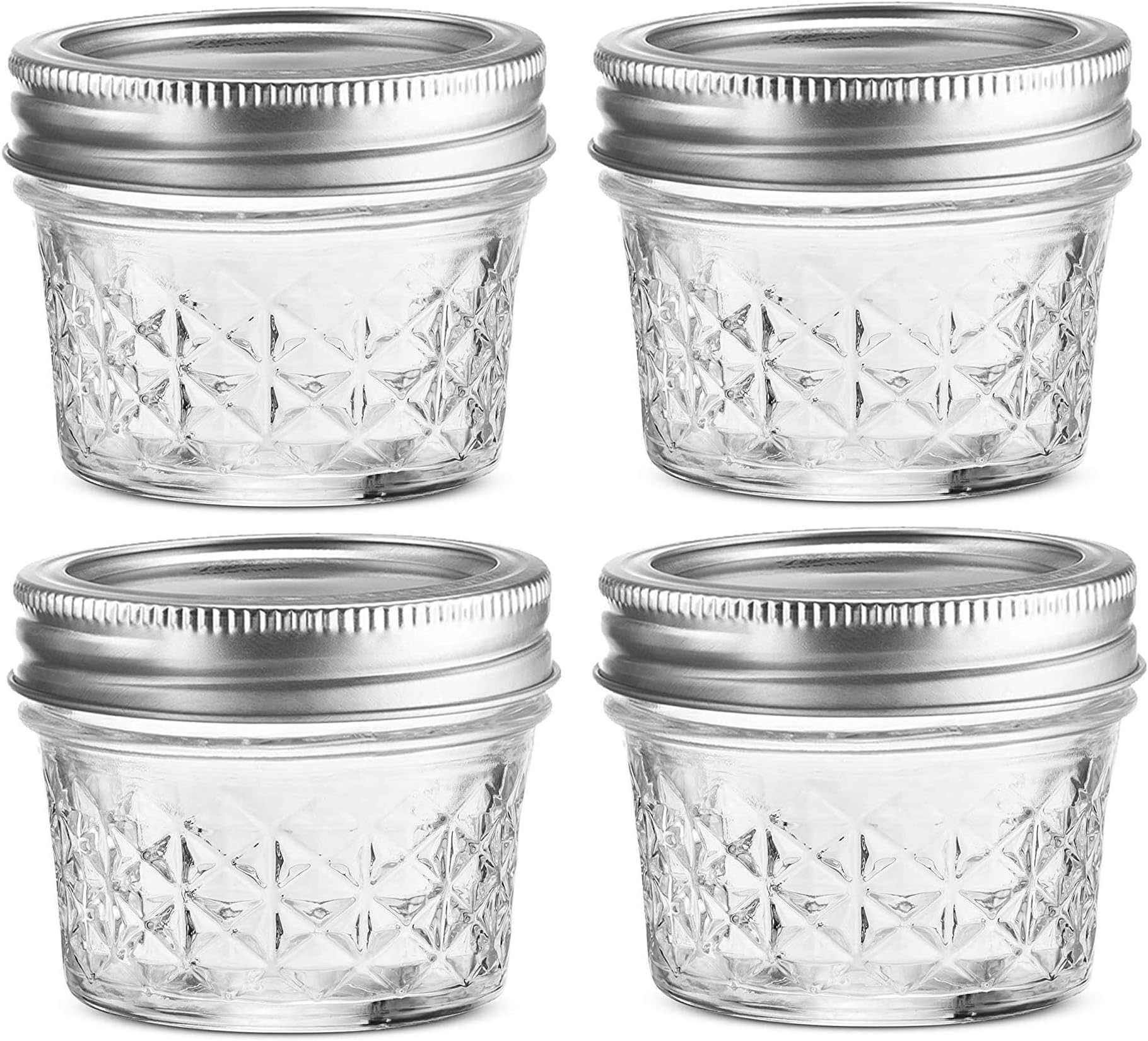 - STAR WORK Glass,100 ML Mason Jar BPA-Free Mini Canning Jars with Regular Lids & Bands Jelly Jars for Jam,Honey,Wedding Favors,Shower Favors,Baby Foods,DIY Spice Jars Pack of(4)Container,Clear