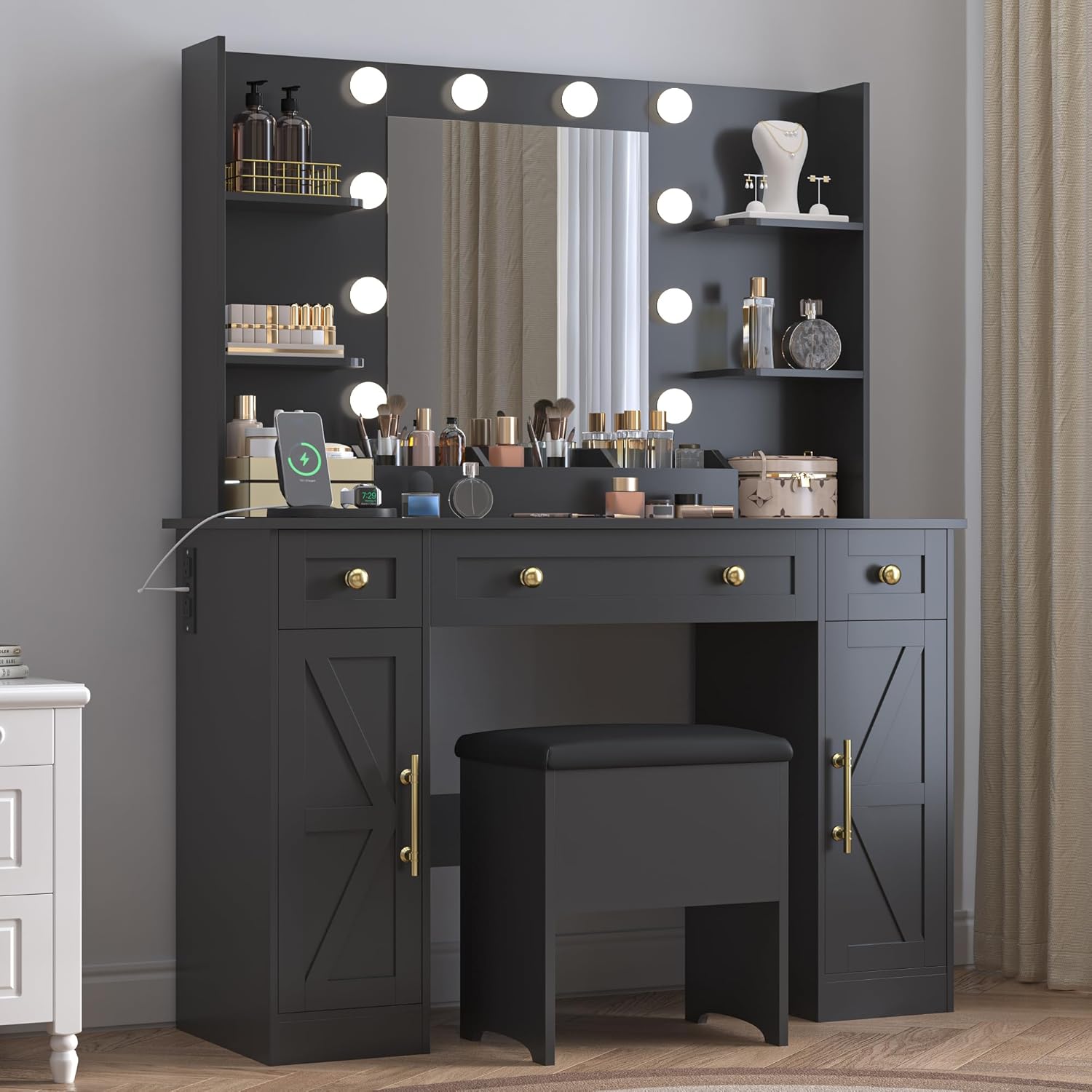 BORNOON Vanity Desk, Sophisticated Black 3-Drawer model, with mirror and lights, showcasing its design and storage.
