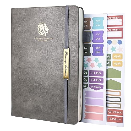 2024 Diary Planner, 2024 Diary A5 Page A Day with Monthly Tabs, 350 Page Thick Pages Notebook, Year Daily Calendar Planner, Complete Business Planner, Agenda and Journal Organiser (Grey)