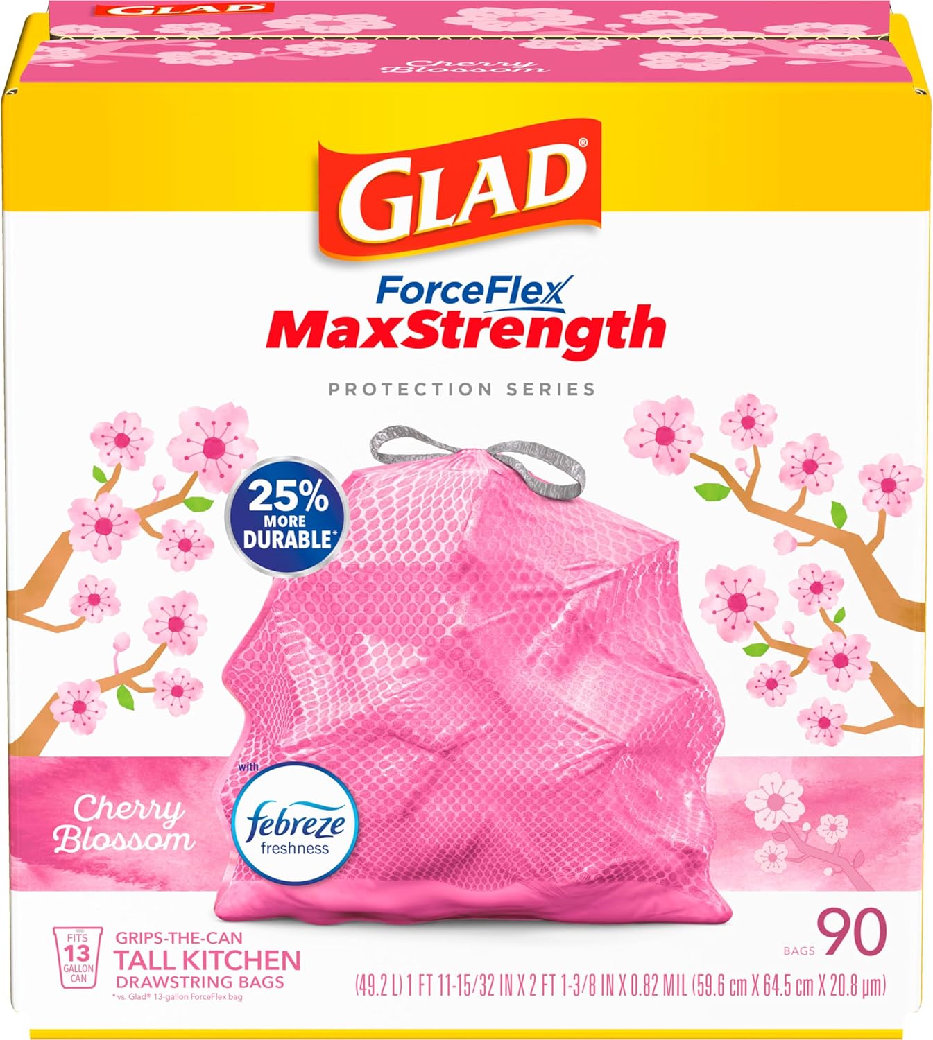 Glad ForceFlex MaxStrength Tall Kitchen Trash Bags, 13 Gal, Cherry Blossom, 90 Ct, Pack May Vary