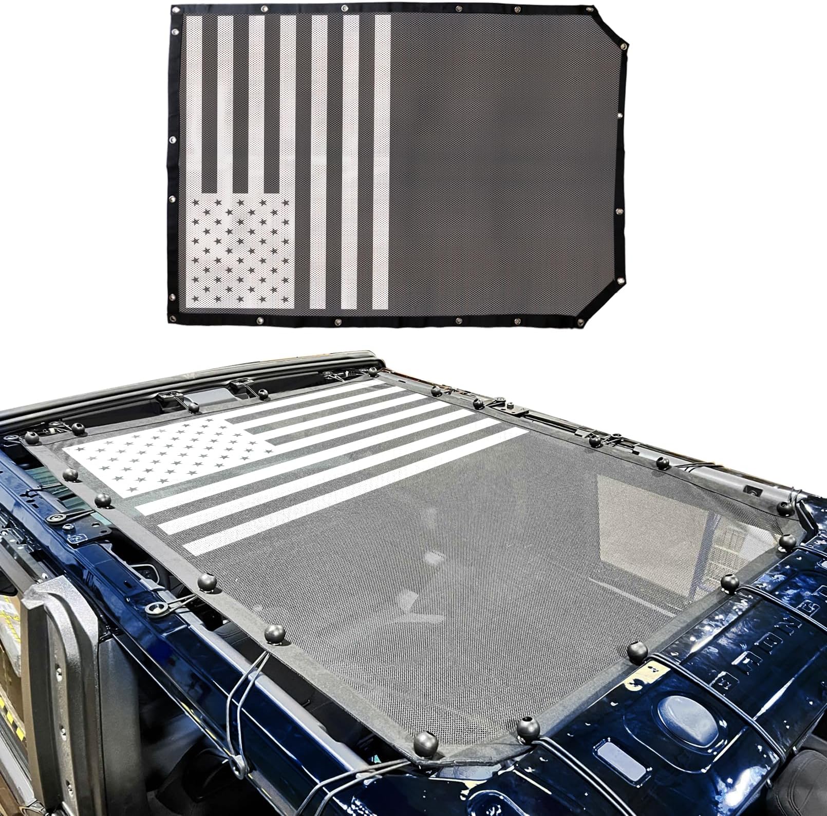 2 Door Sunshade for Ford Bronco,Mesh Sun Shade Bikini Top Cover Bimini Top for Ford Bronco Accessories 2021 2022 2023 2024 2025 2 Door - Blocks UV, Wind, Noise(Flag)