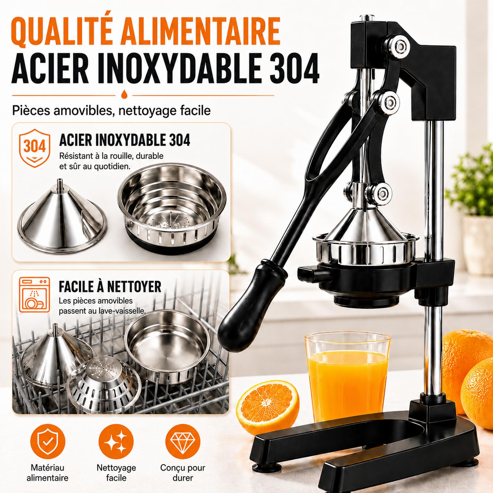 Presse-Agrumes Manuel à Levier, 48 cm, avec 2 Embouts