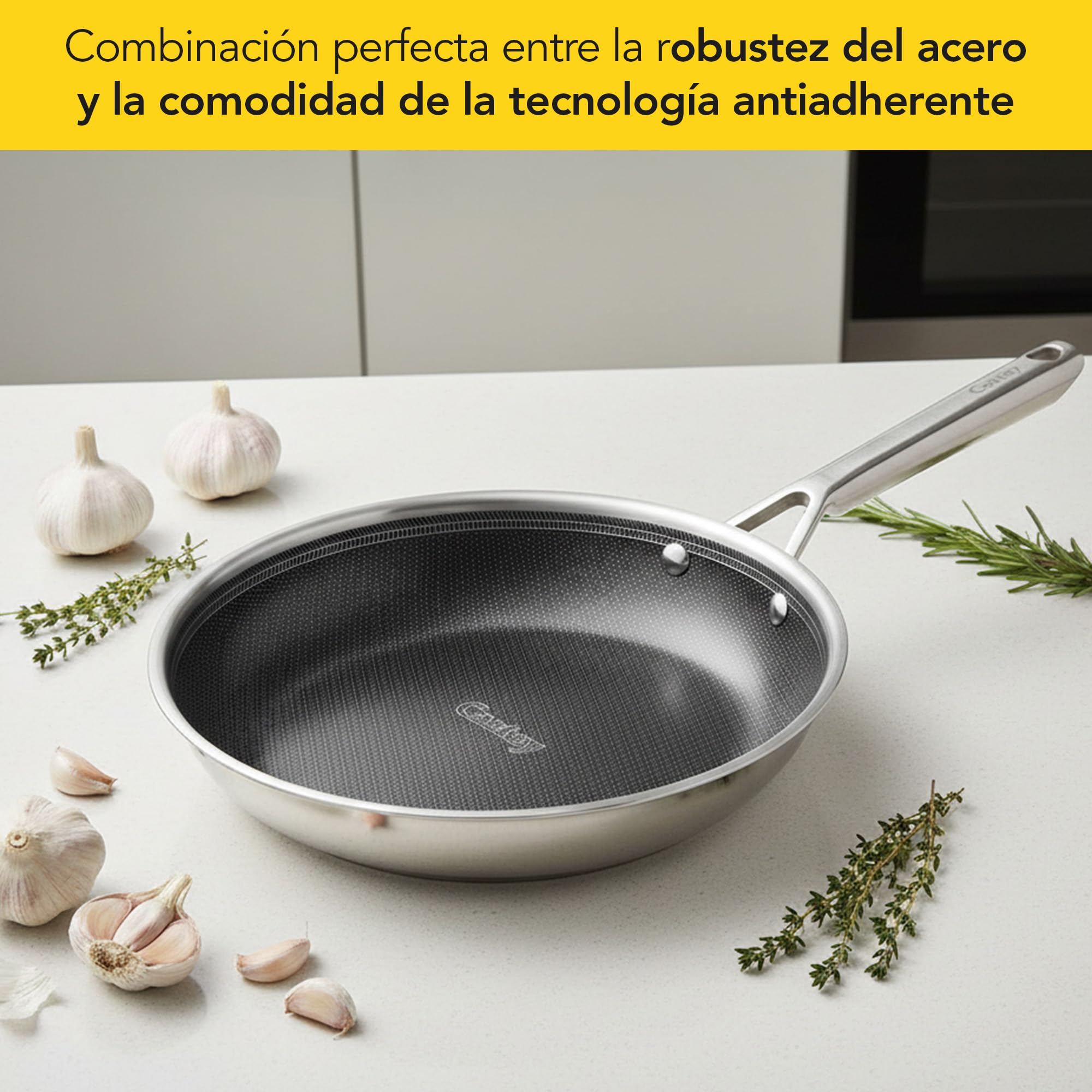 Castey - Sartén de Inducción Malmö Trimetal BeeTech, Modelo MBE-S22, Tamaño 22 cm, Acero Inoxidable 18/10 y Mango Ergonómico, Revestimiento Cerámico BeeTech Sin PFAS, para Todas las Cocinas