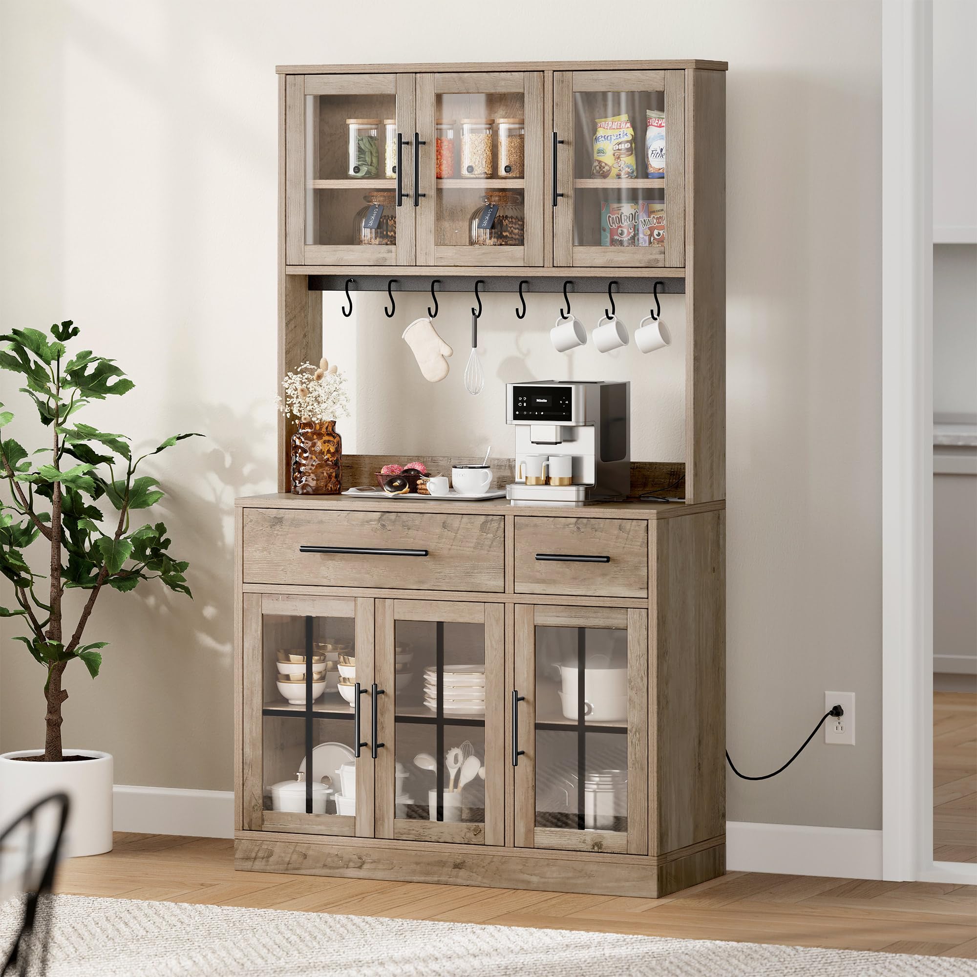 YITAHOME 71" Farmhouse Kitchen Pantry Storage Cabinet with Power Outlet, Freestanding Hutch Cabinet with Microwave Stand & Adjustable Shelves, Cupboard Pantry Cabinet with Large Countertop, Lvory Grey