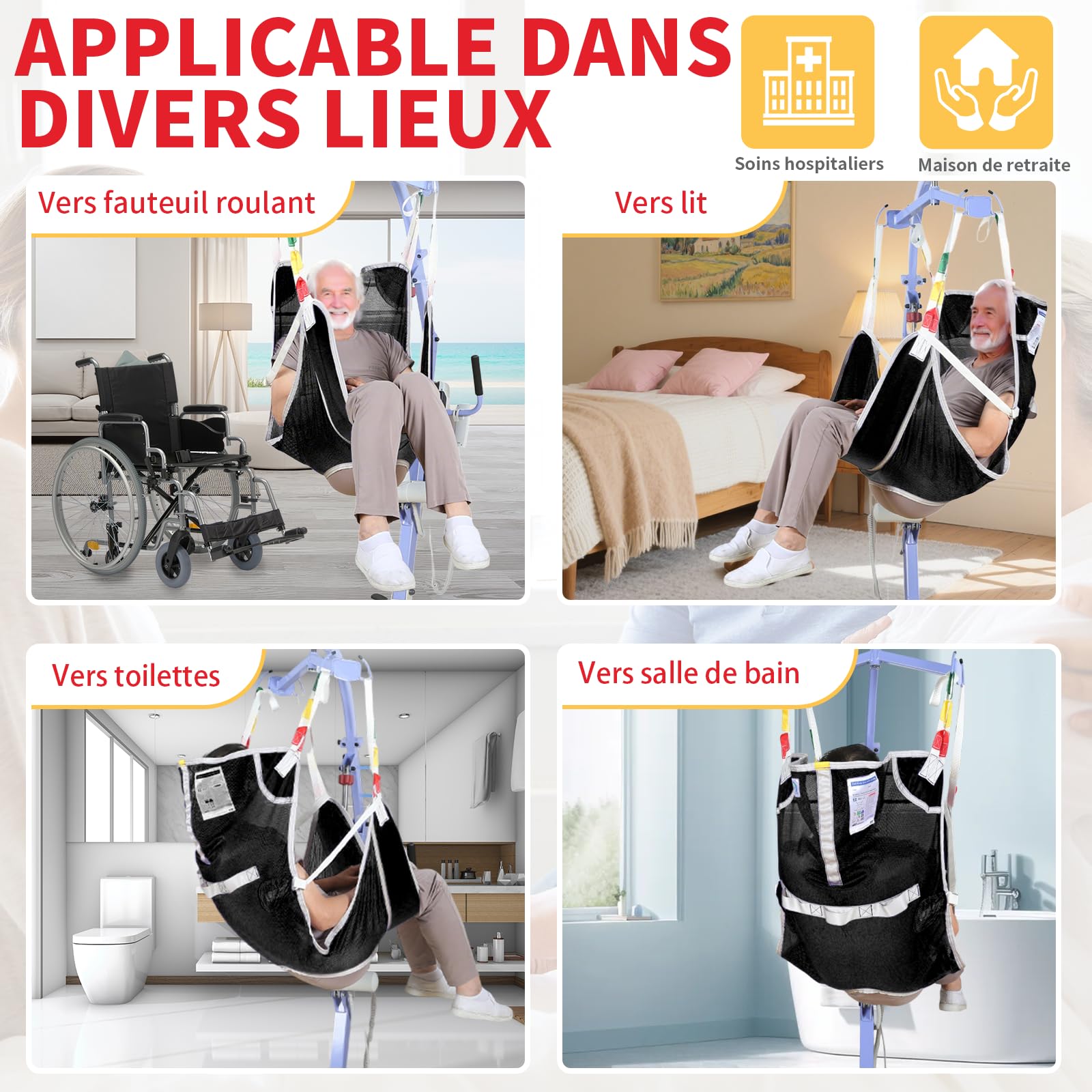 EZ Assistive Patient Lift Sling avec Ouverture pour Toilette,Sangles de Levage pour Transfert,Sangles pour Corps Entier pour Personnes Âgées, Personnes Handicapées, Soins Infirmiers (Noir, Taille S)
