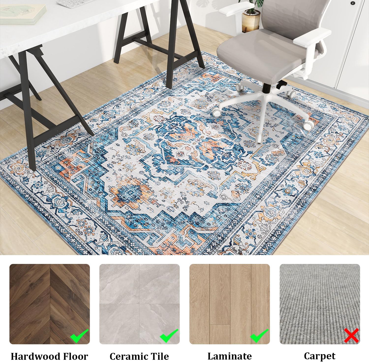 chakme Office Chair Mat for Hardwood Floor, 48"x36" Easy Glide Computer Desk Mat Protector for Rolling Chair Under Desk Rug Nonslip Backing, Machine Wash, (Boho)