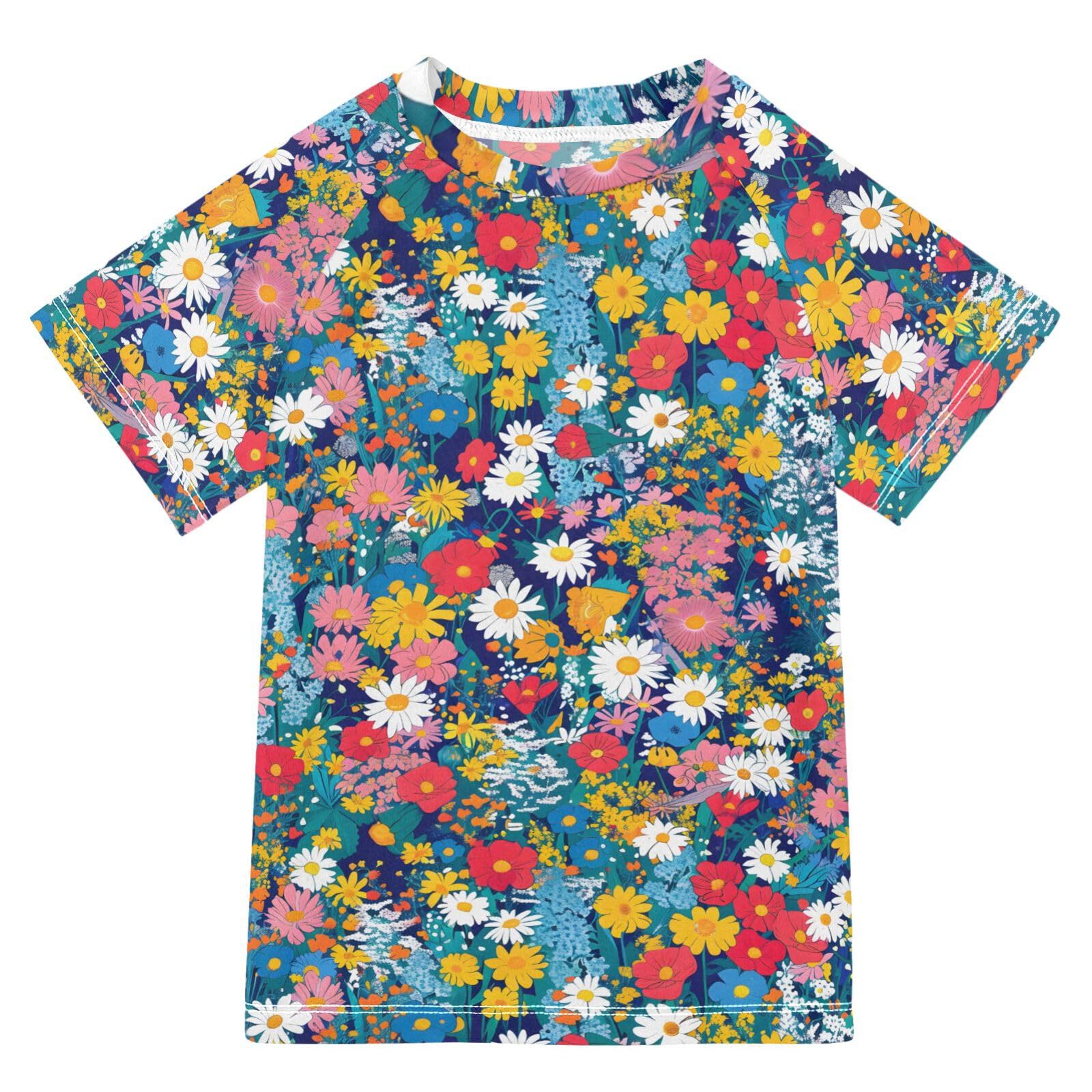 ALAZA Boys Swim Shirts Toddler Rash Guard Short Sleeve Rashguard Midsummer Meadows UPF 50+ 11-12T